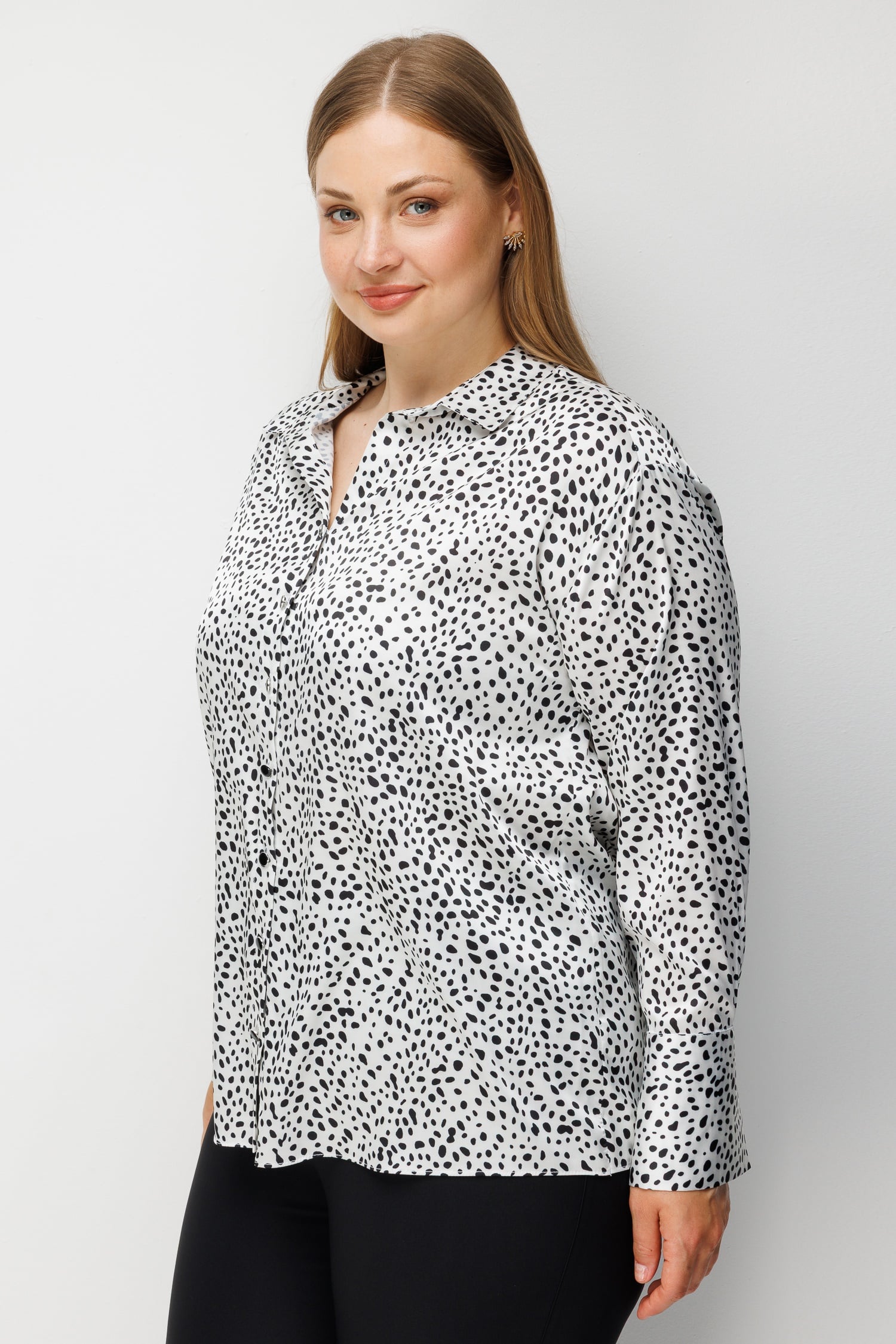 Modailgi  Puan Desenli Oversize Saten Gömlek Siyah