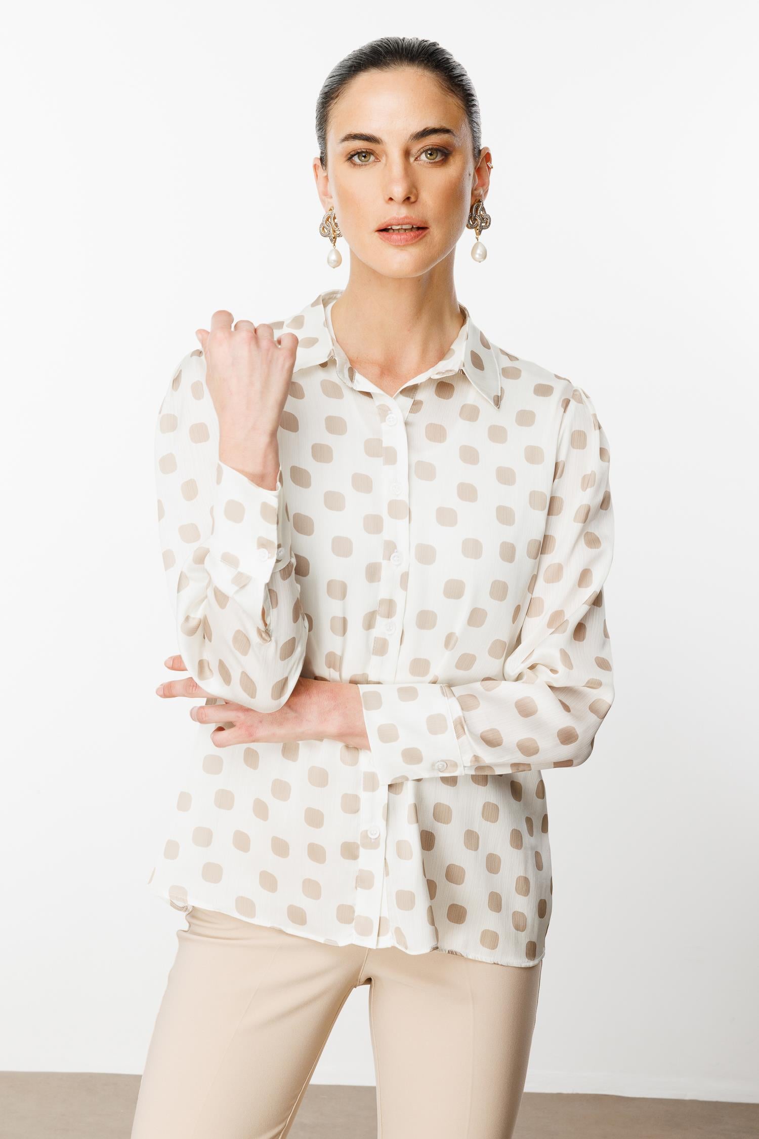 Modailgi  Puanlı Oversize Saten Gömlek Taş