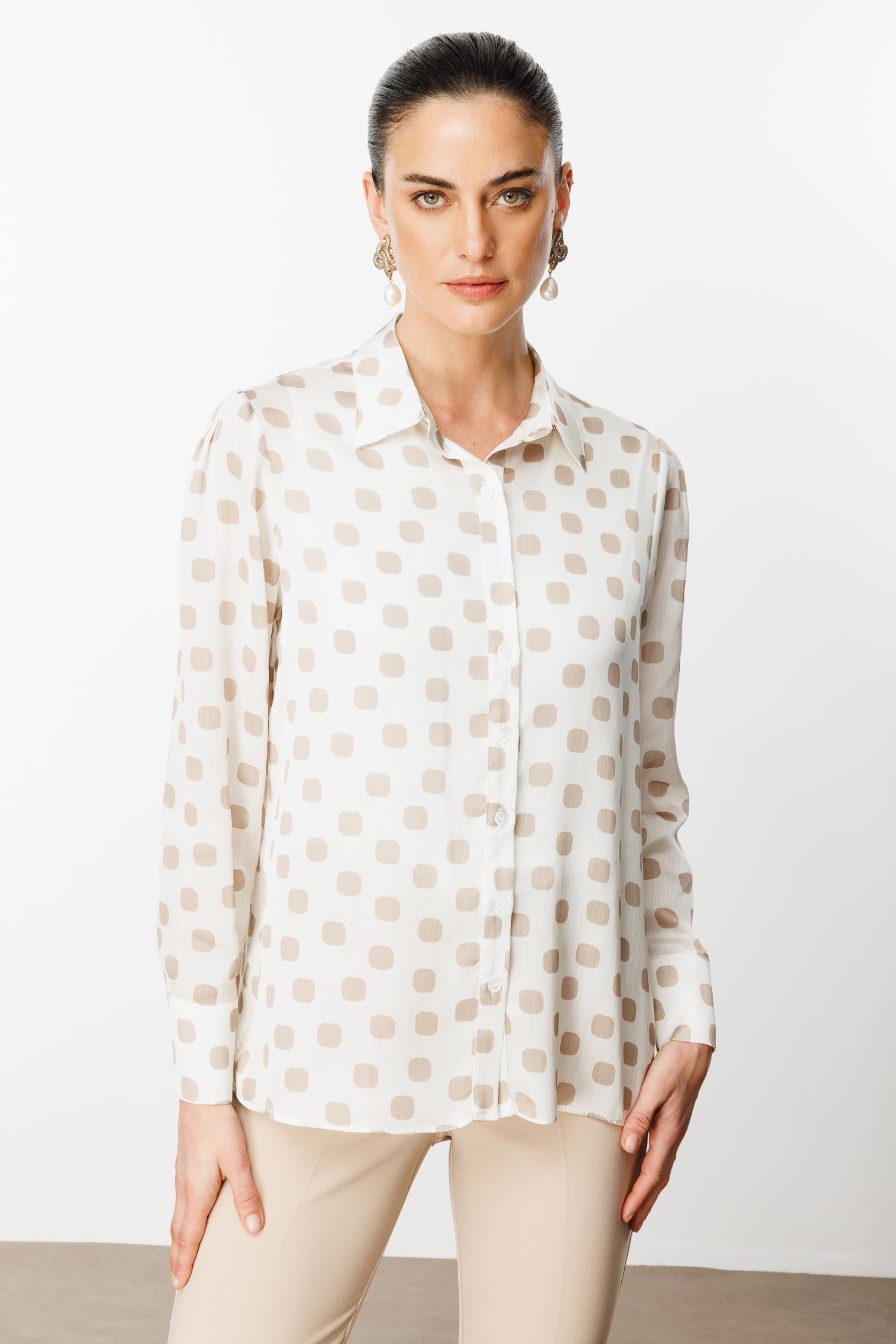 Modailgi  Puanlı Oversize Saten Gömlek Taş