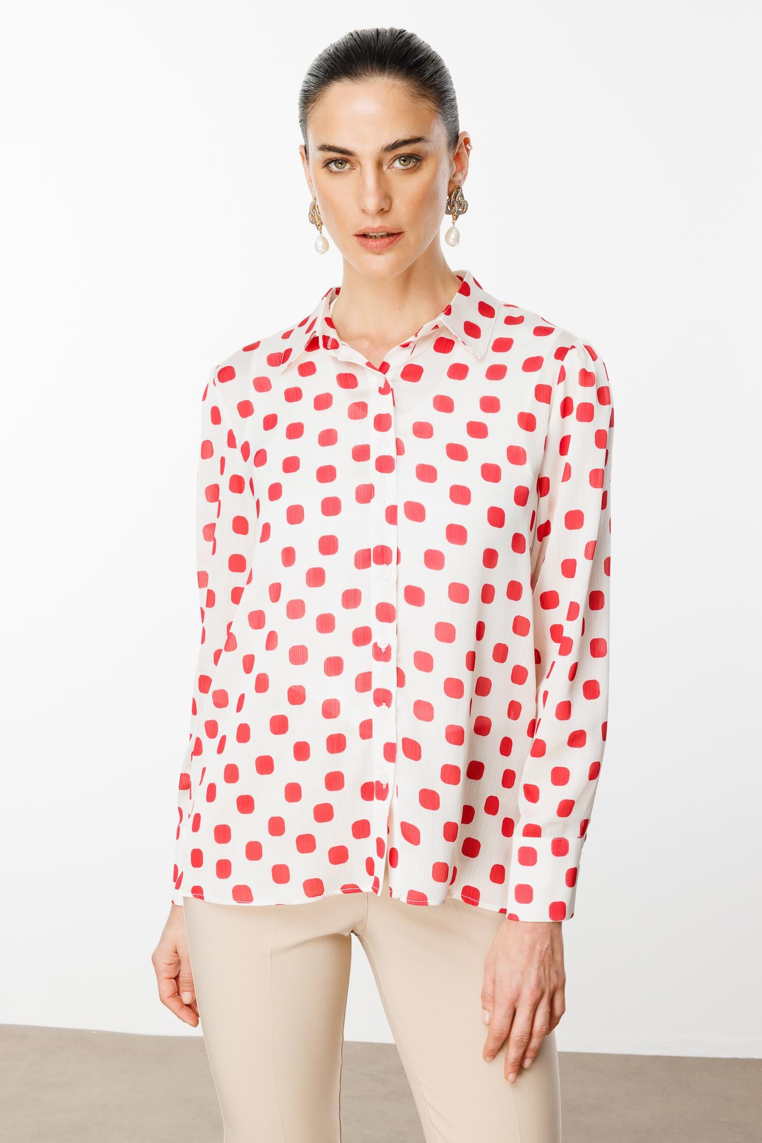 Modailgi  Puanlı Oversize Saten Gömlek Kırmızı