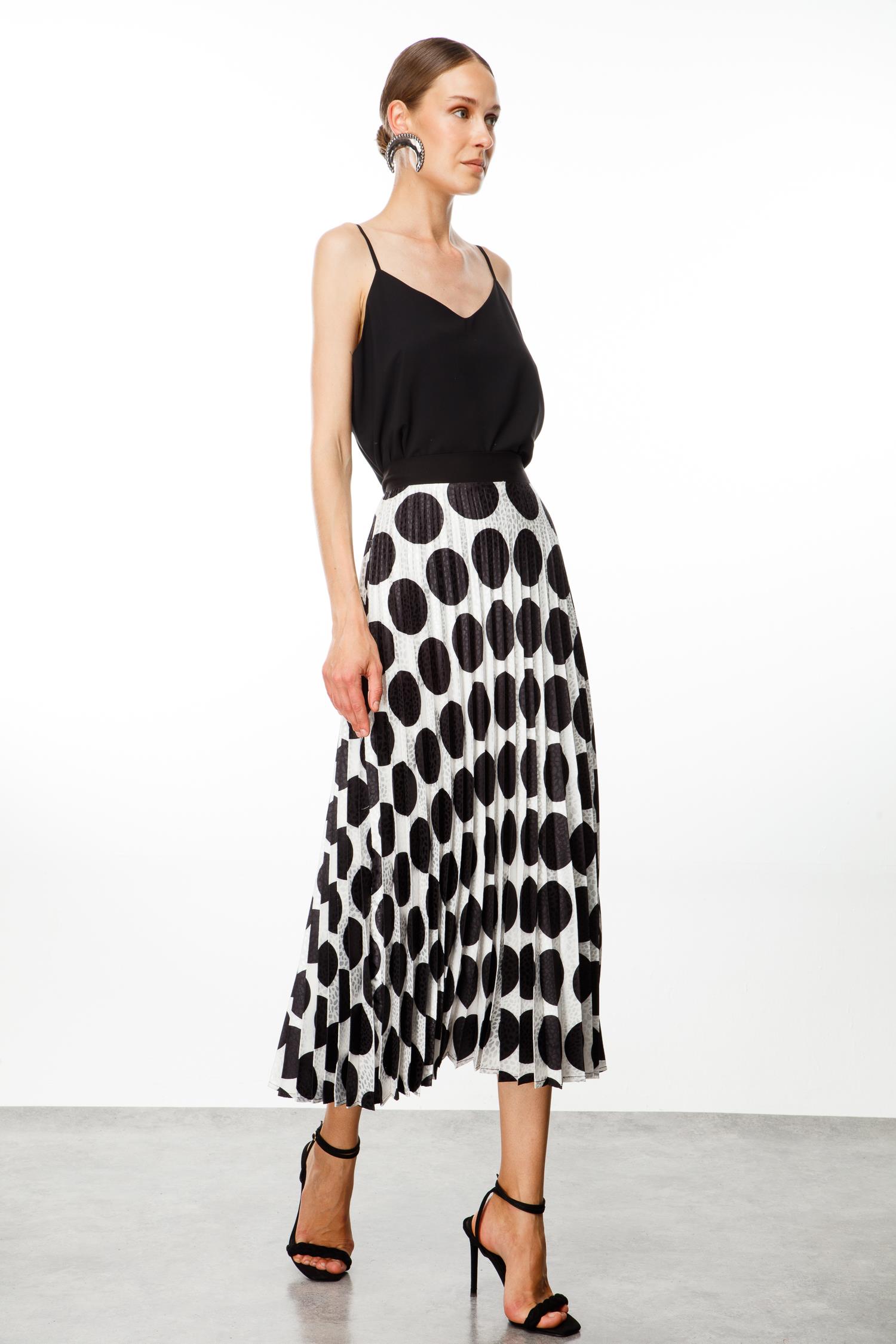 Modailgi  Puantiye Desen Jakarlı Uzun Plisoley Etek Ekru