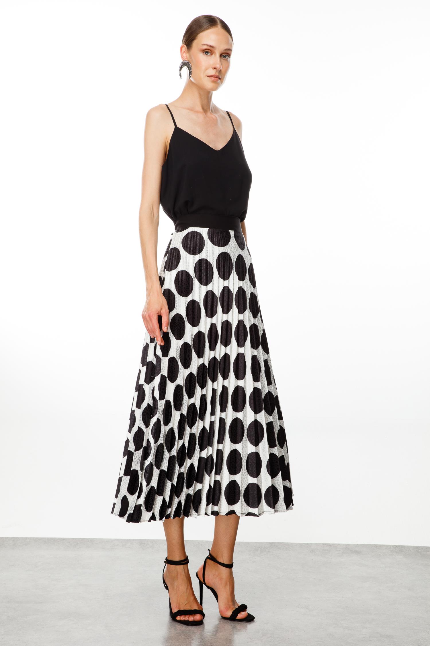 Modailgi  Puantiye Desen Jakarlı Uzun Plisoley Etek Ekru