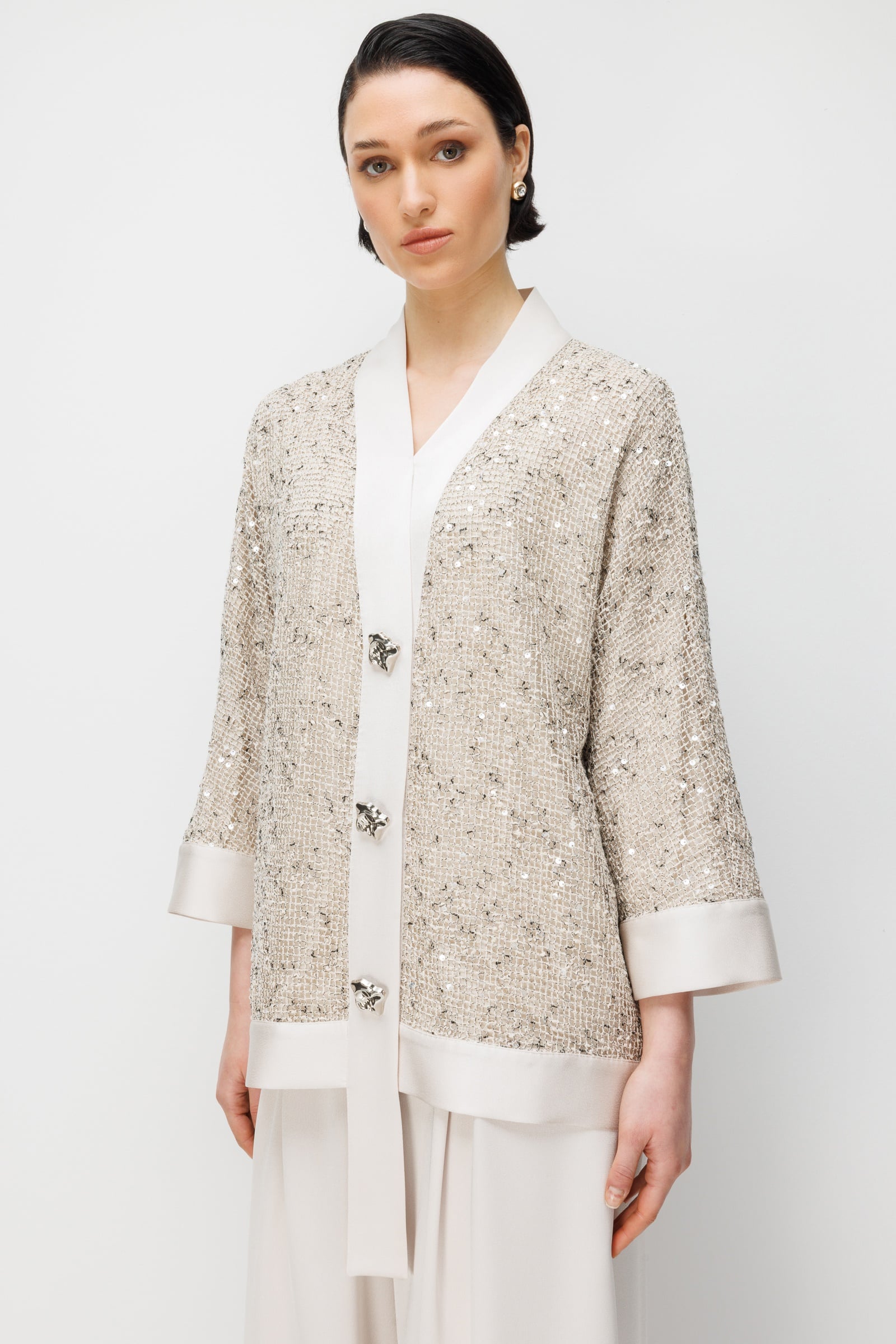 Modailgi  Pullu Fileli Oversize Düğme Detaylı Ceket - 40124 Taş
