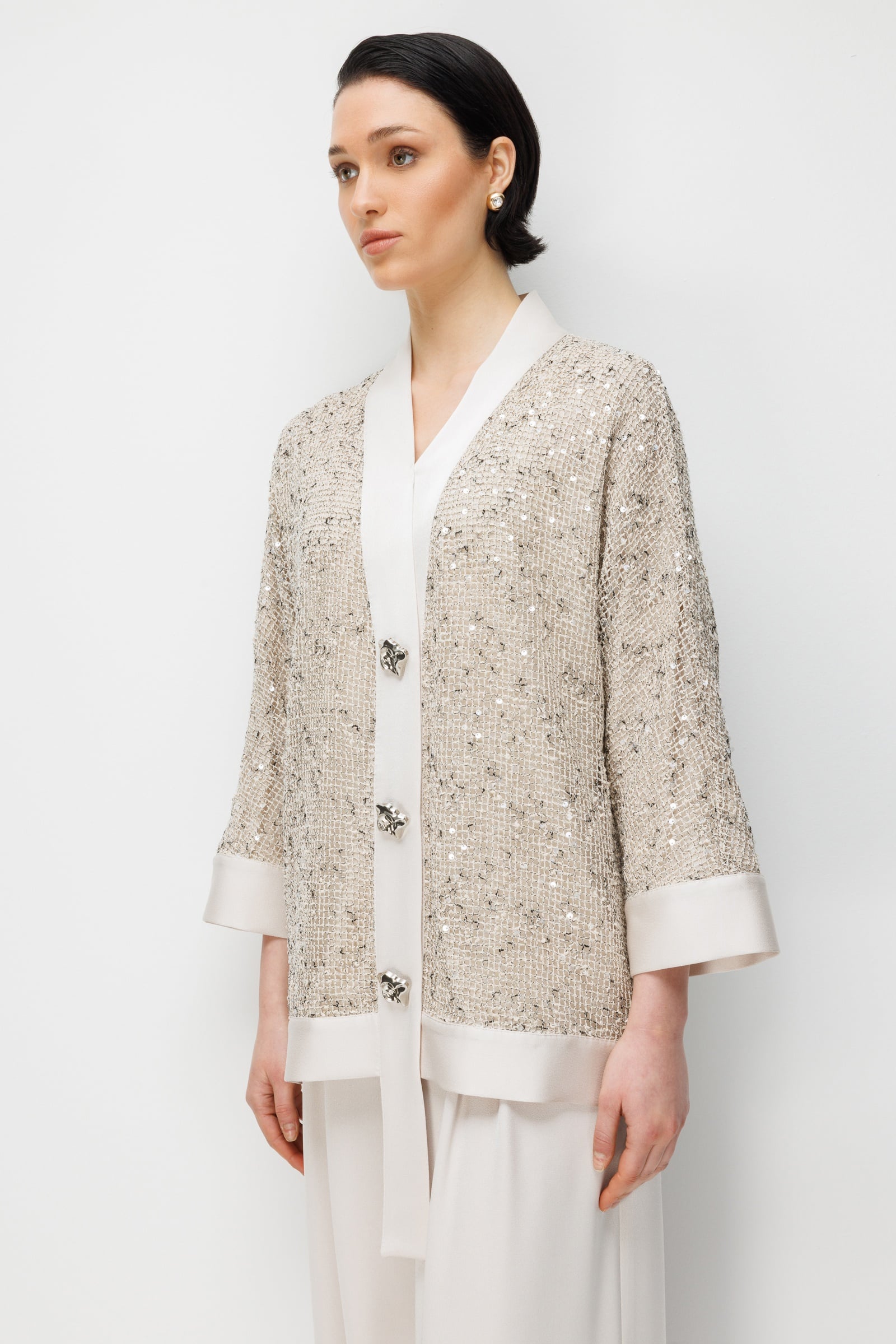 Modailgi  Pullu Fileli Oversize Düğme Detaylı Ceket - 40124 Taş