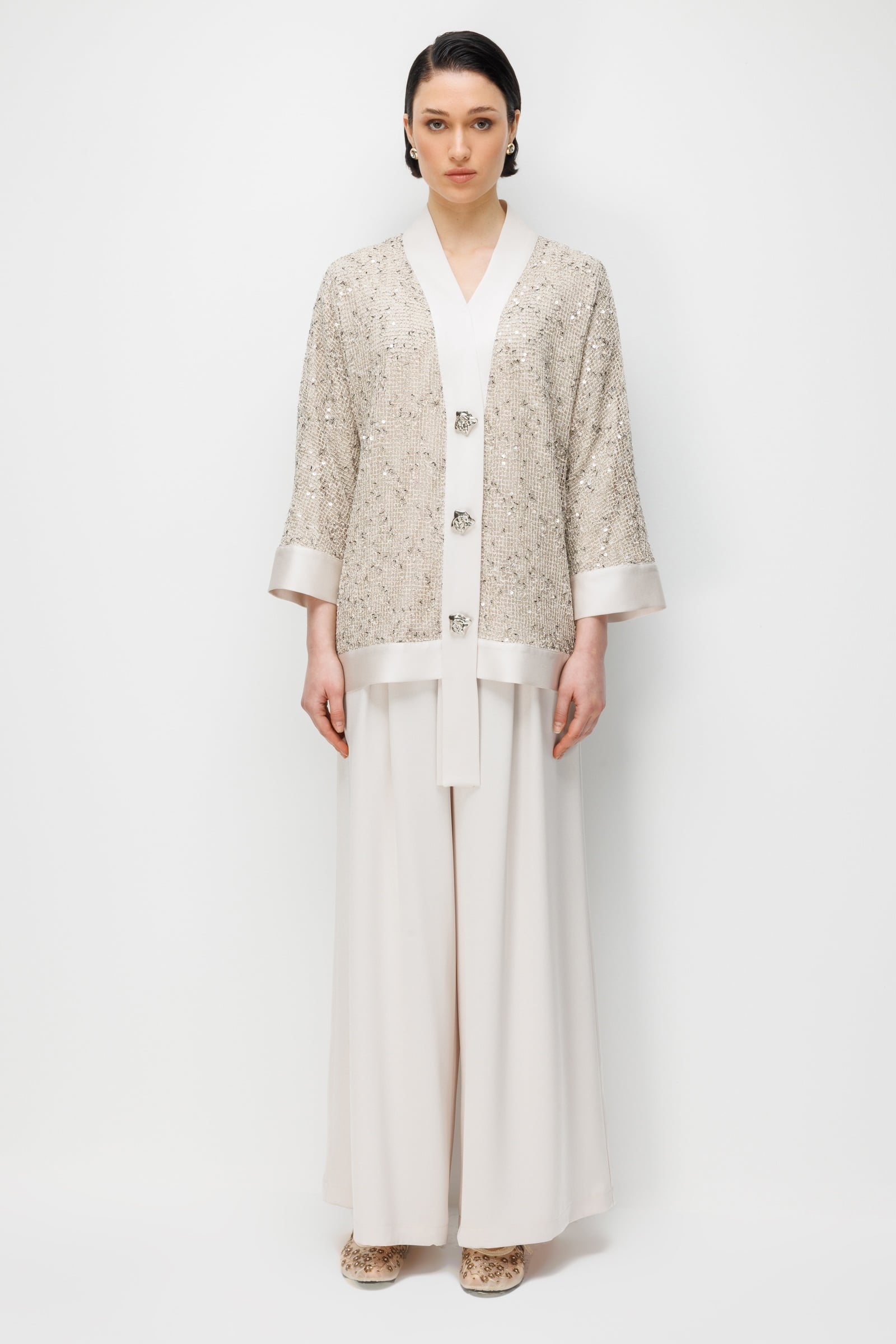 Modailgi  Pullu Fileli Oversize Düğme Detaylı Ceket - 40124 Taş