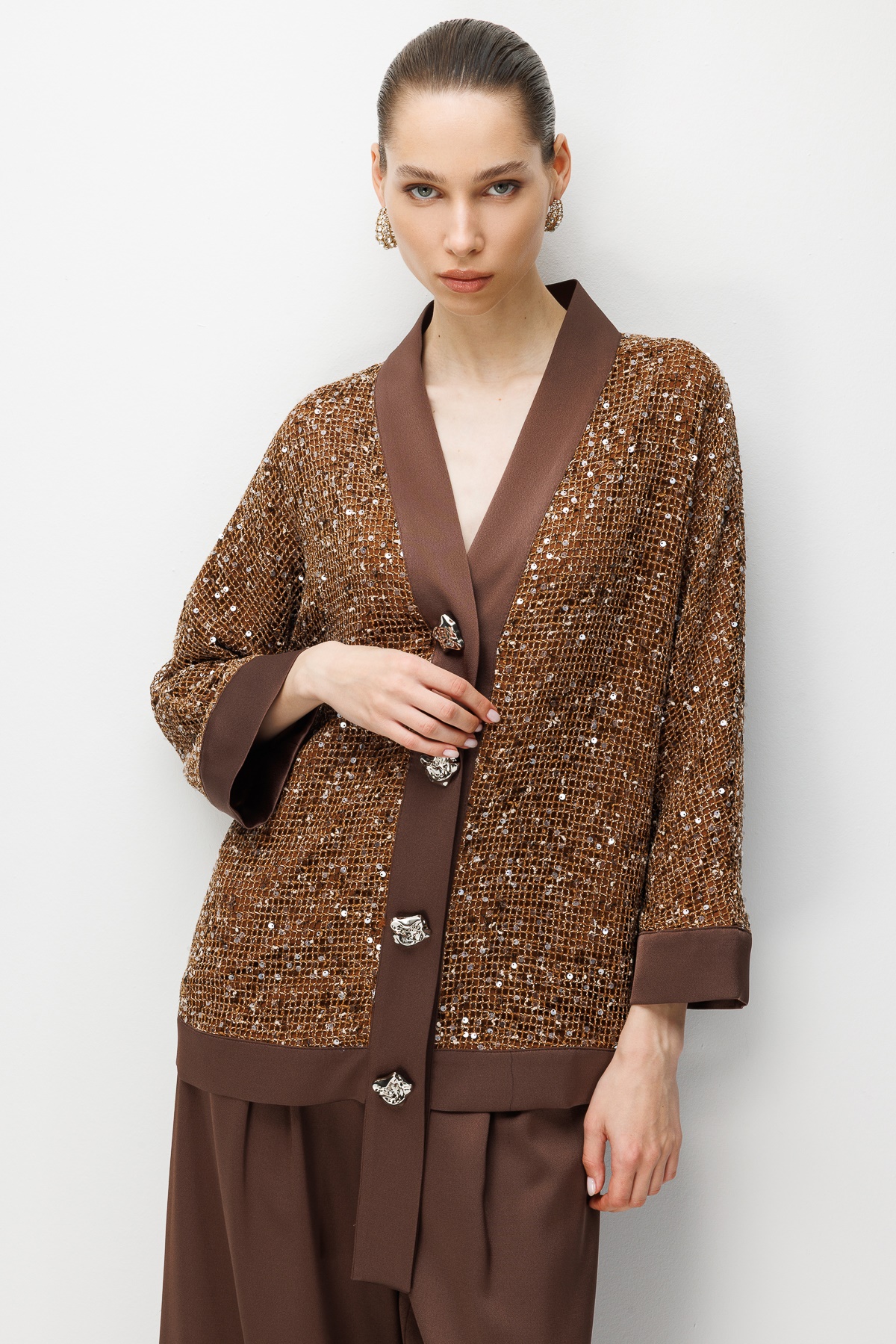 Modailgi  Pullu Fileli Oversize Düğme Detaylı Ceket - 40124 Kahve