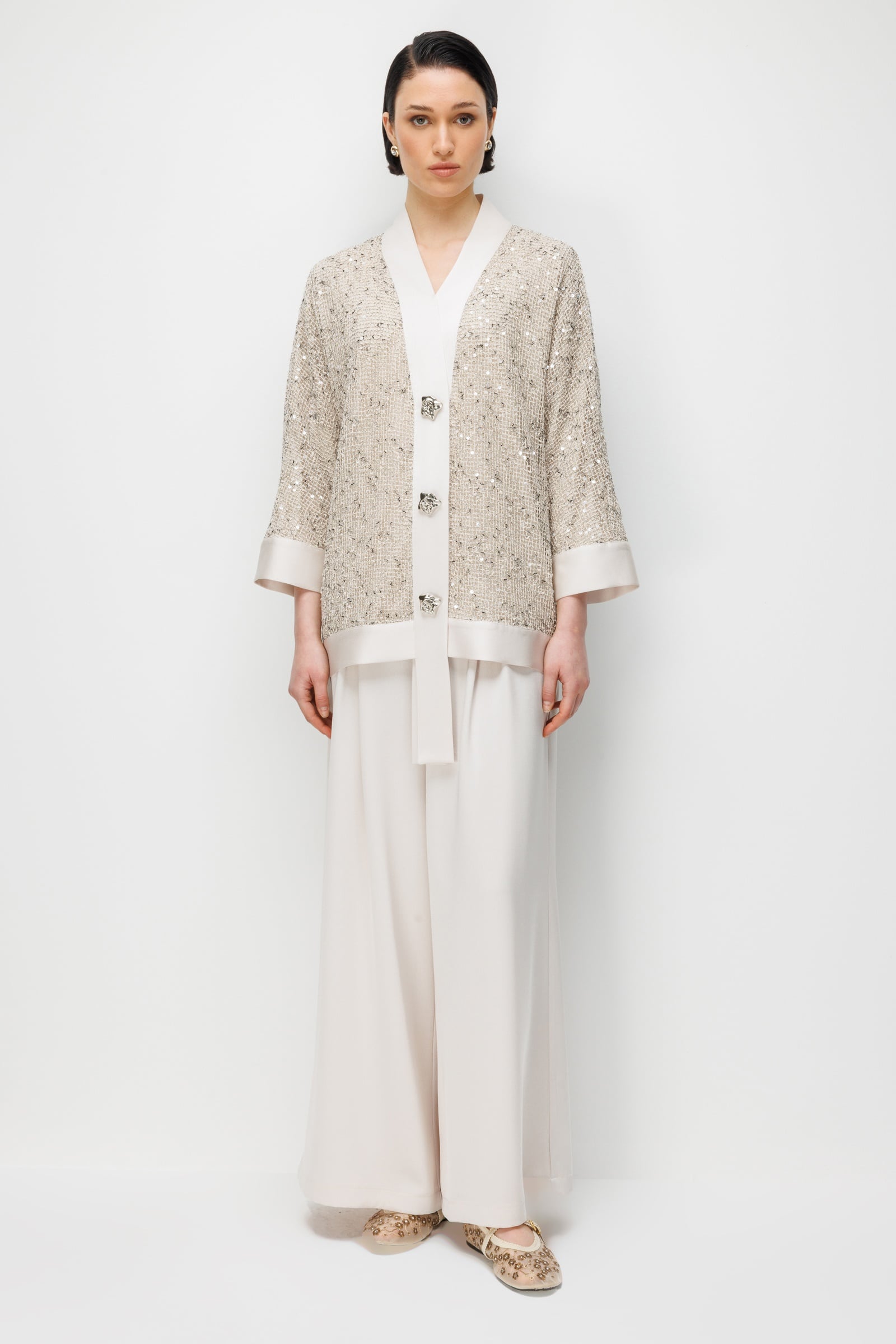 Modailgi  Pullu Fileli Oversize Düğme Detaylı Ceket - 40124 Taş