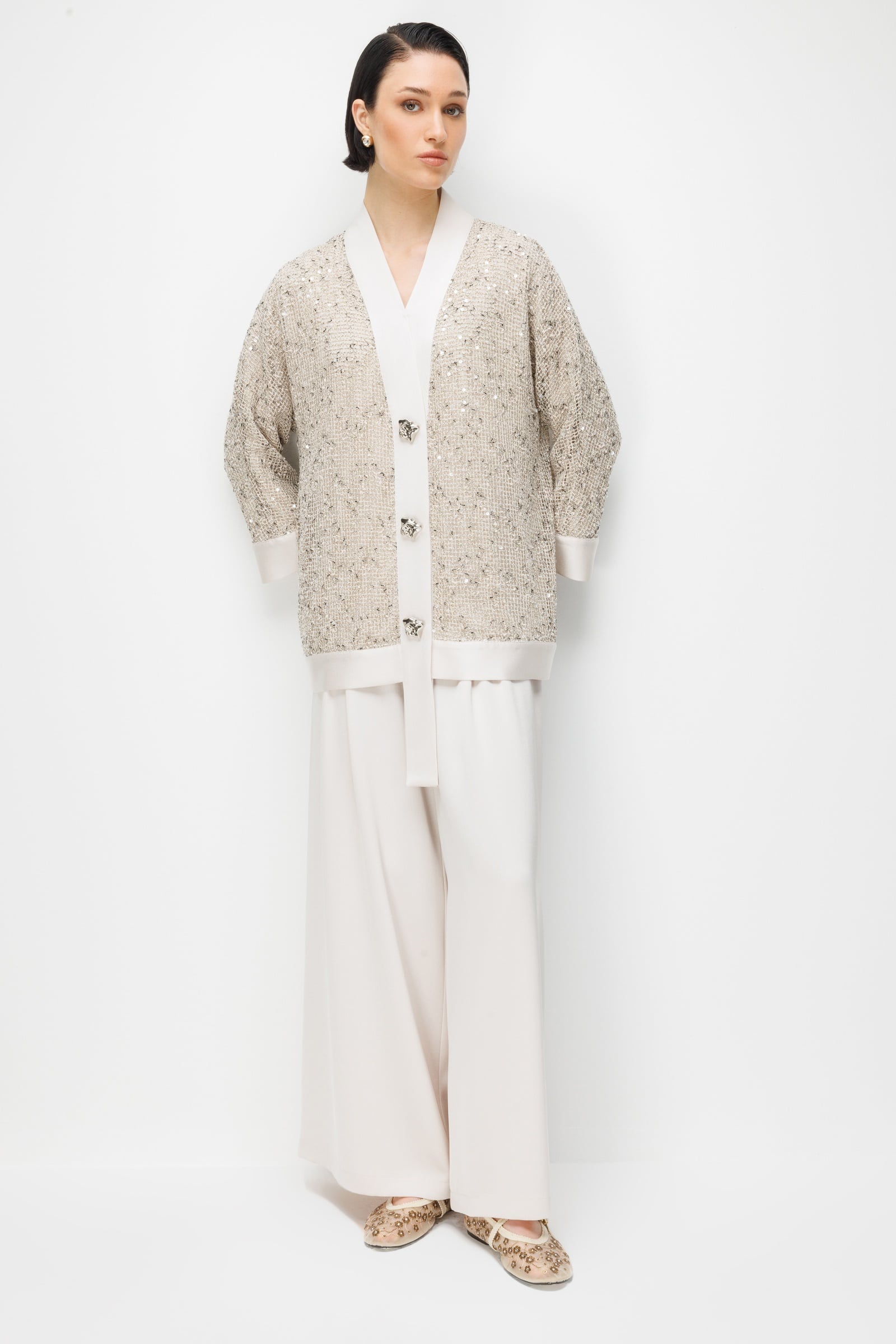 Modailgi  Pullu Fileli Oversize Düğme Detaylı Ceket - 40124 Taş