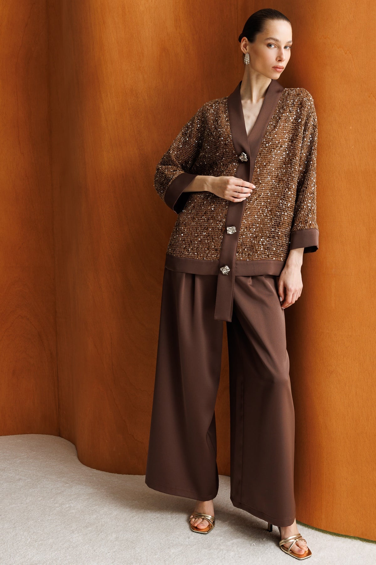 Modailgi  Pullu Fileli Oversize Düğme Detaylı Ceket - 40124 Kahve