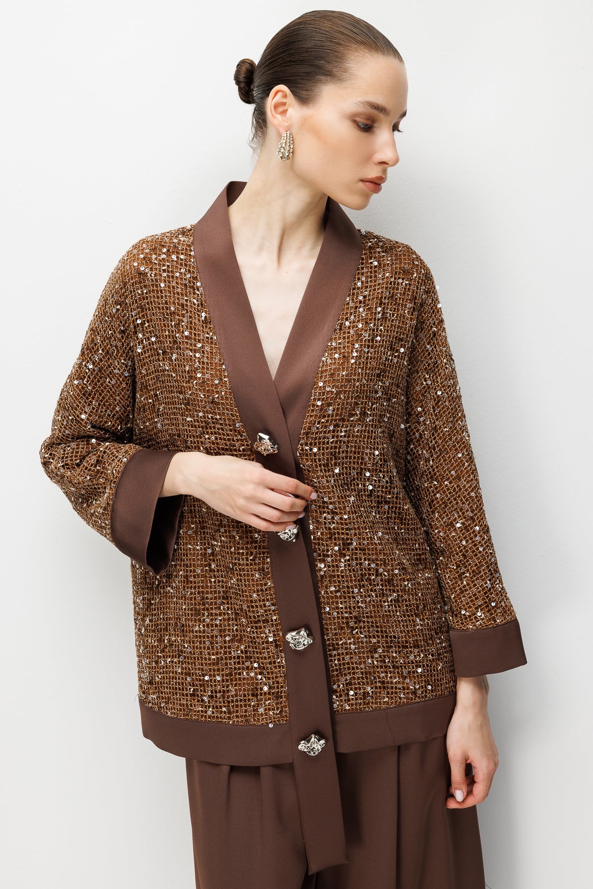 Modailgi  Pullu Fileli Oversize Düğme Detaylı Ceket - 40124 Kahve