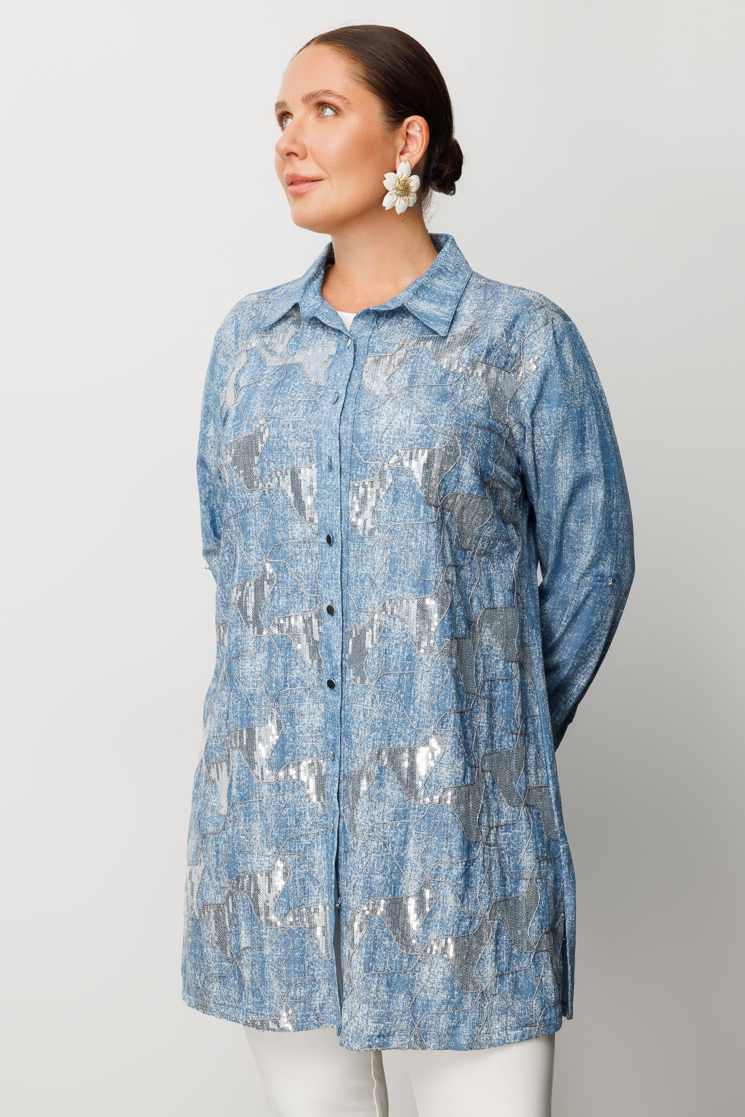 Modailgi  Pullu Nakışlı Tencel Tunik İndigo