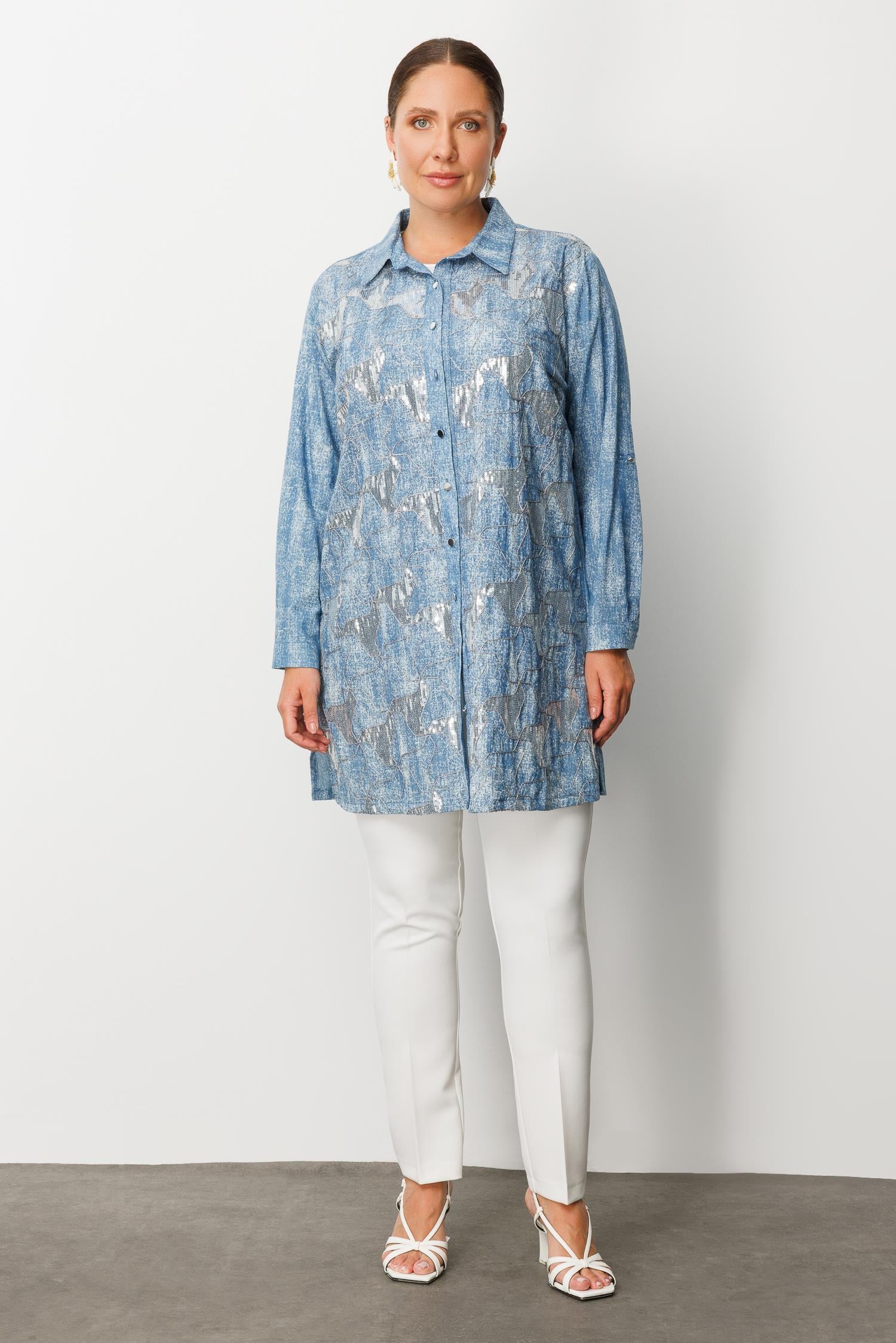 Modailgi  Pullu Nakışlı Tencel Tunik İndigo