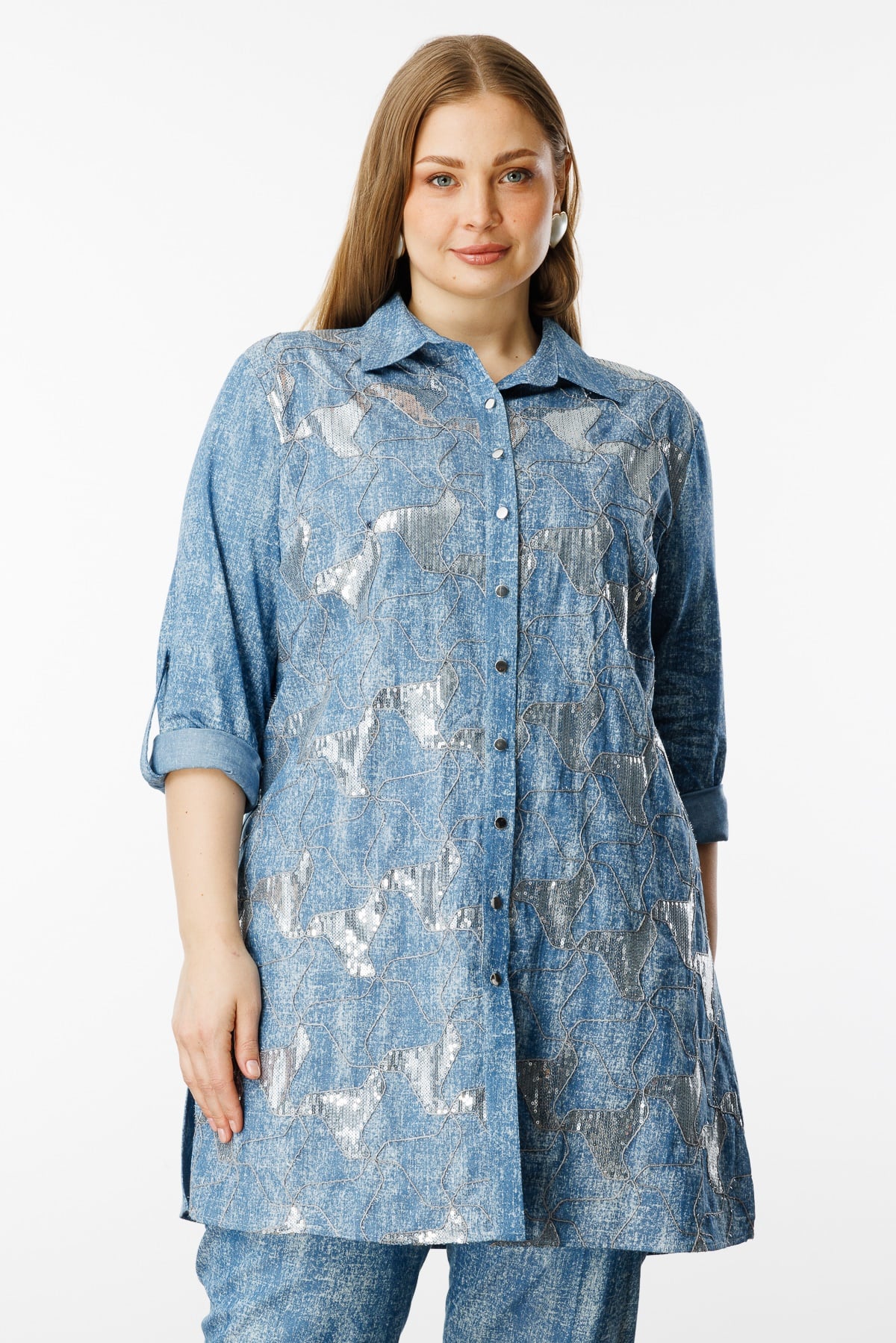 Modailgi  Pullu Nakışlı Tencel Uzun Tunik İndigo