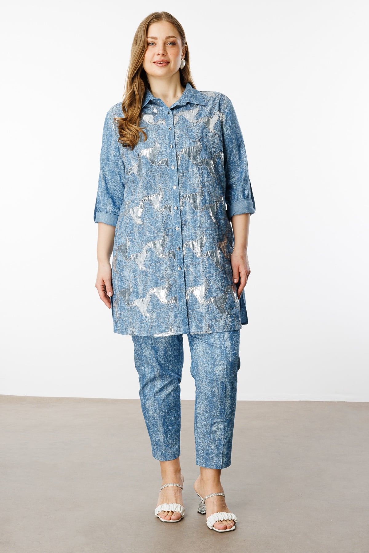 Modailgi  Pullu Nakışlı Tencel Uzun Tunik İndigo