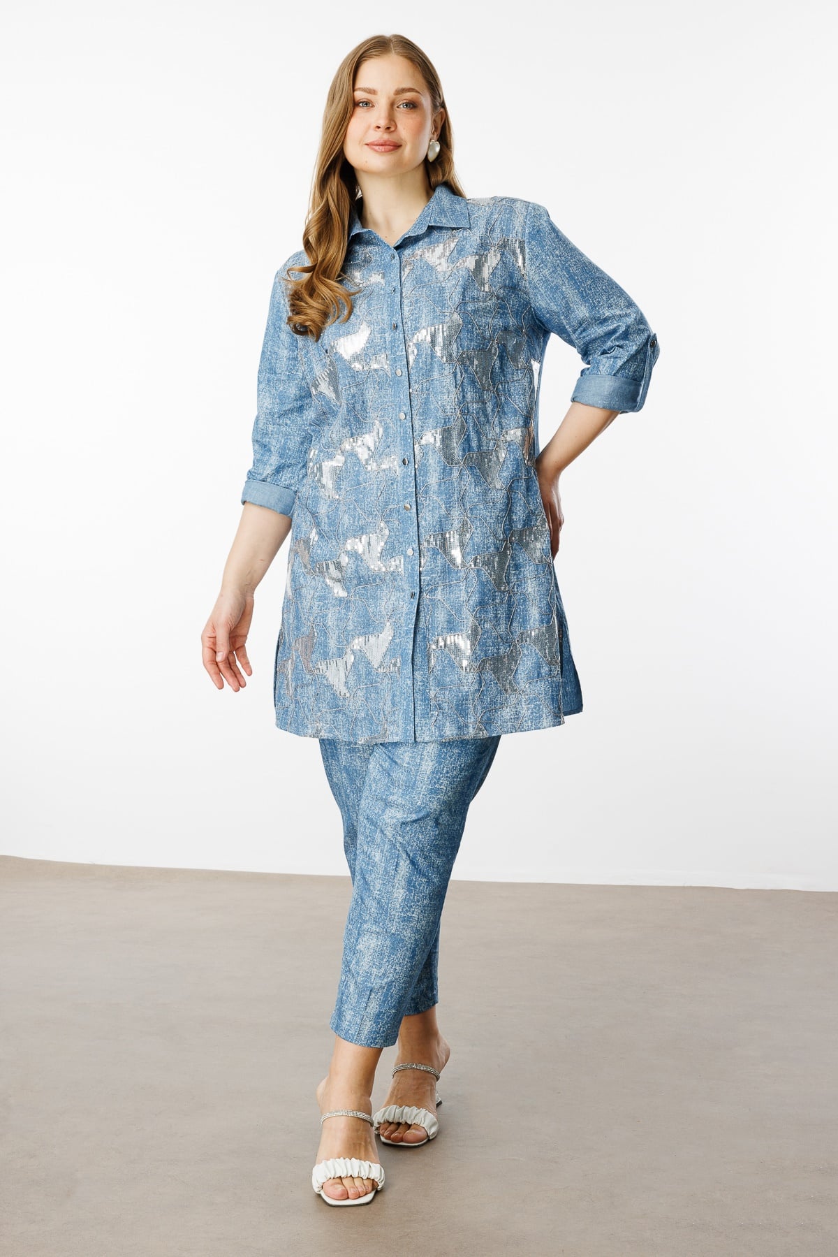 Modailgi  Pullu Nakışlı Tencel Uzun Tunik İndigo
