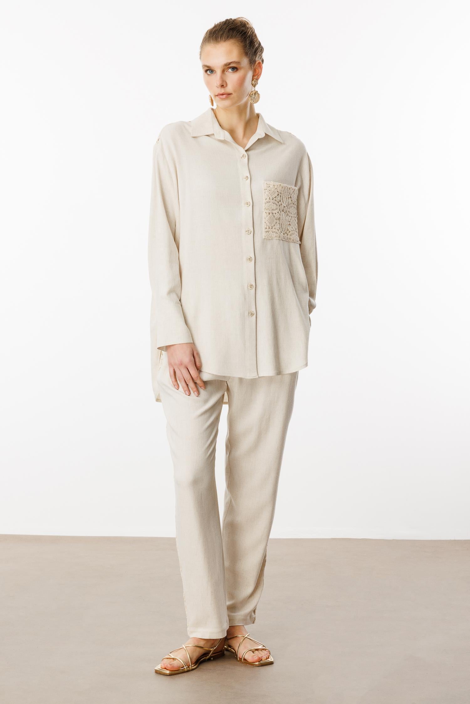 Modailgi  Robası ve Cebi Güpür Detaylı Oversize Keten Gömlek Orijinal