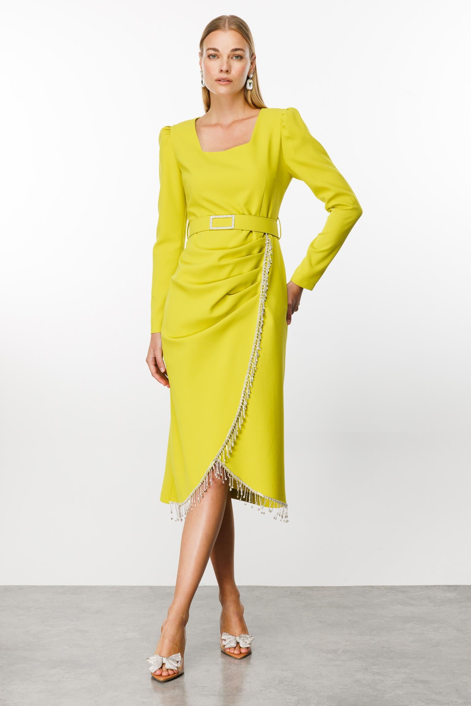 Modailgi  Saçak Taş Detaylı Anvelop Elbise Asit