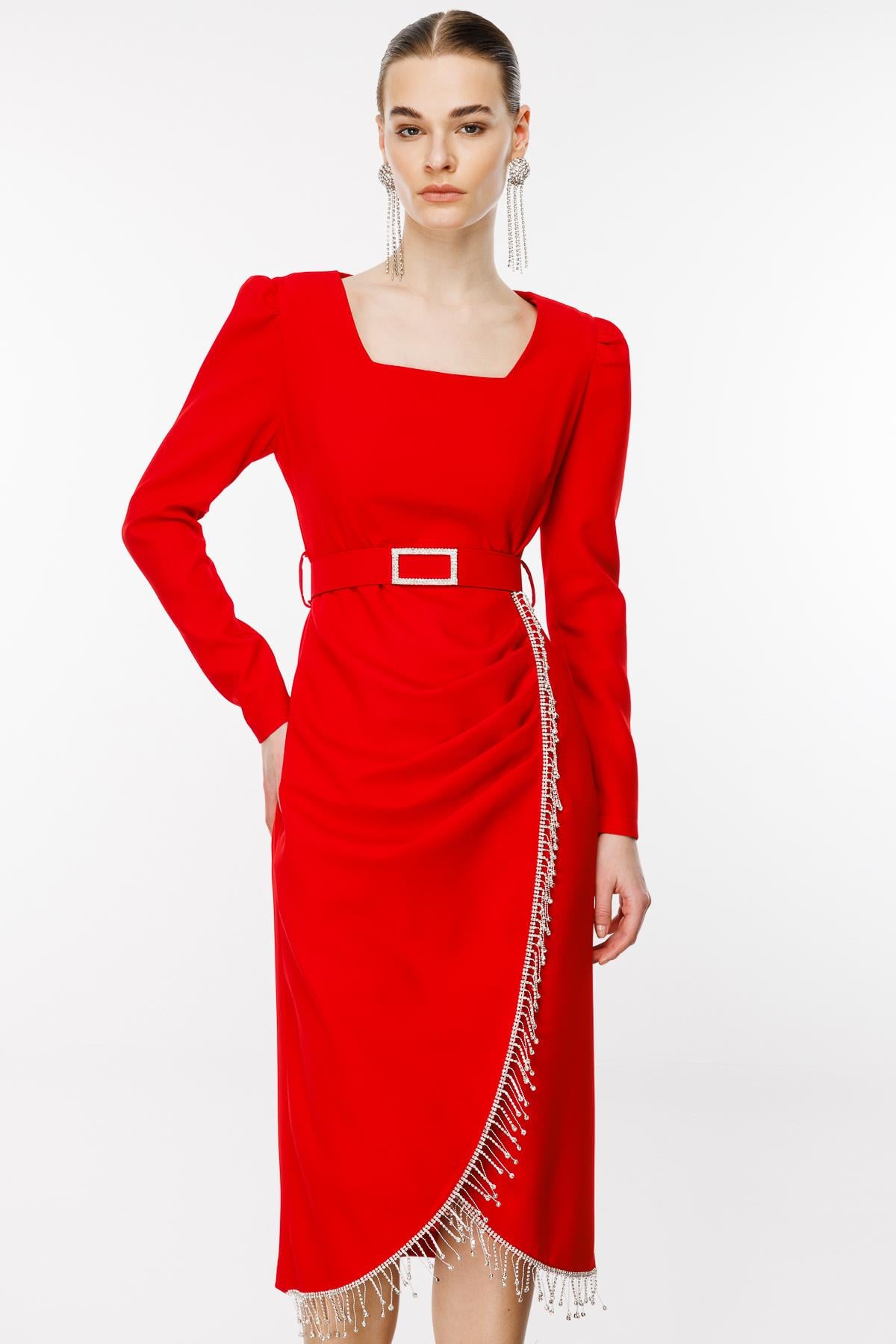 Modailgi  Saçak Taş Detaylı Anvelop Elbise Kırmızı
