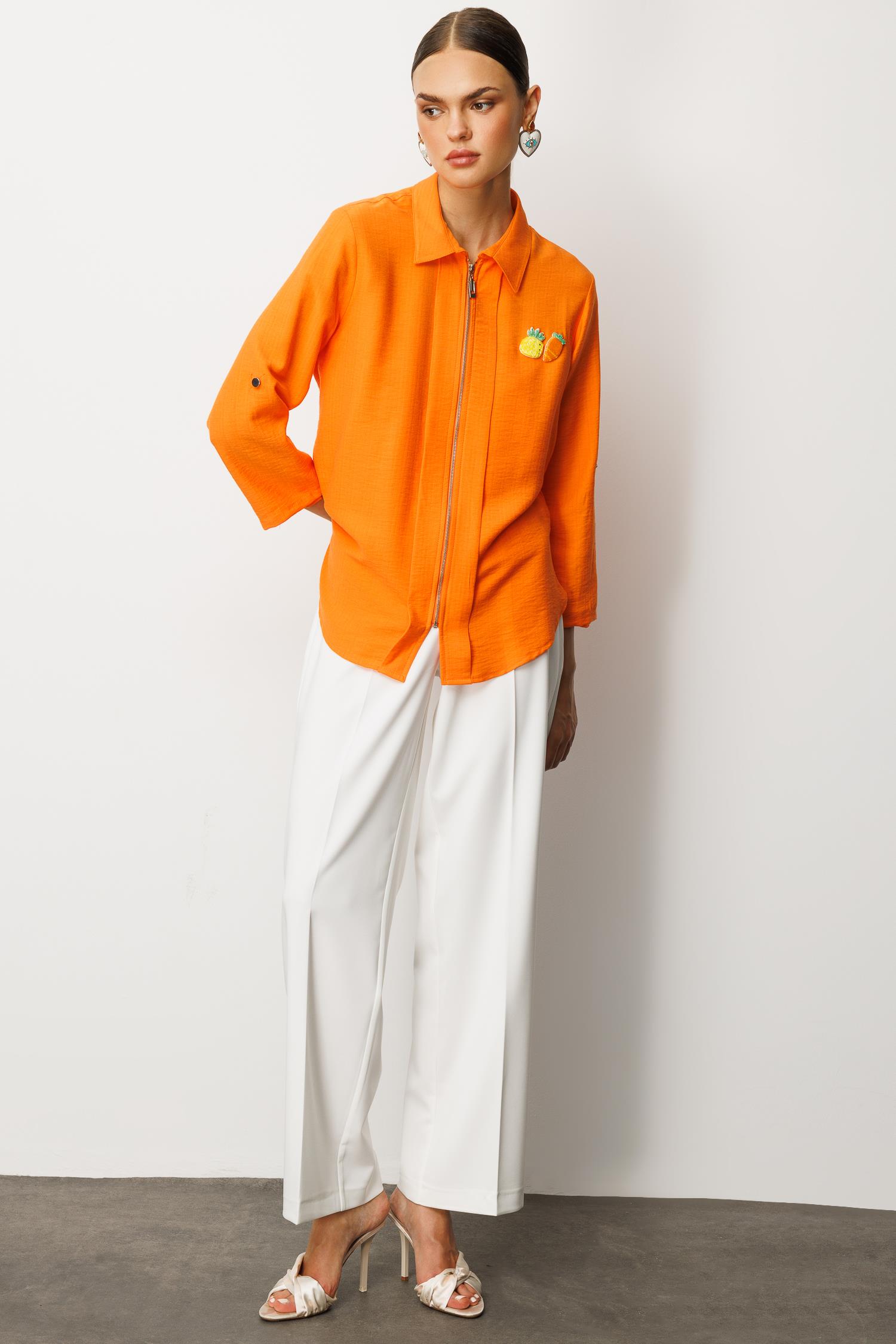 Modailgi  Safari Kol Önü Fermuar Kapamalı Aksesuar Detaylı Rahat Kesim Gömlek Orange