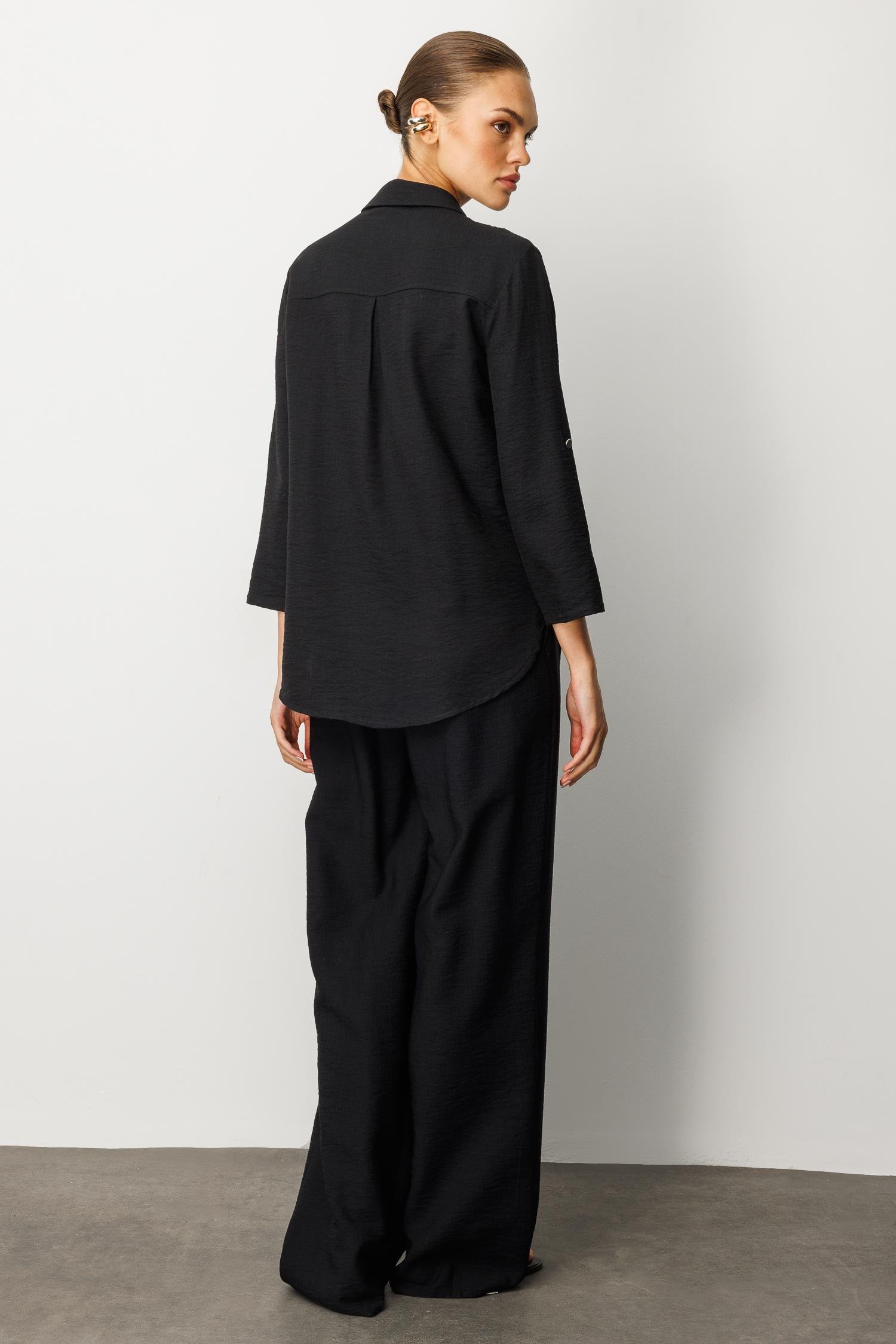 Modailgi  Safari Kol Önü Fermuar Kapamalı Aksesuar Detaylı Rahat Kesim Gömlek Siyah