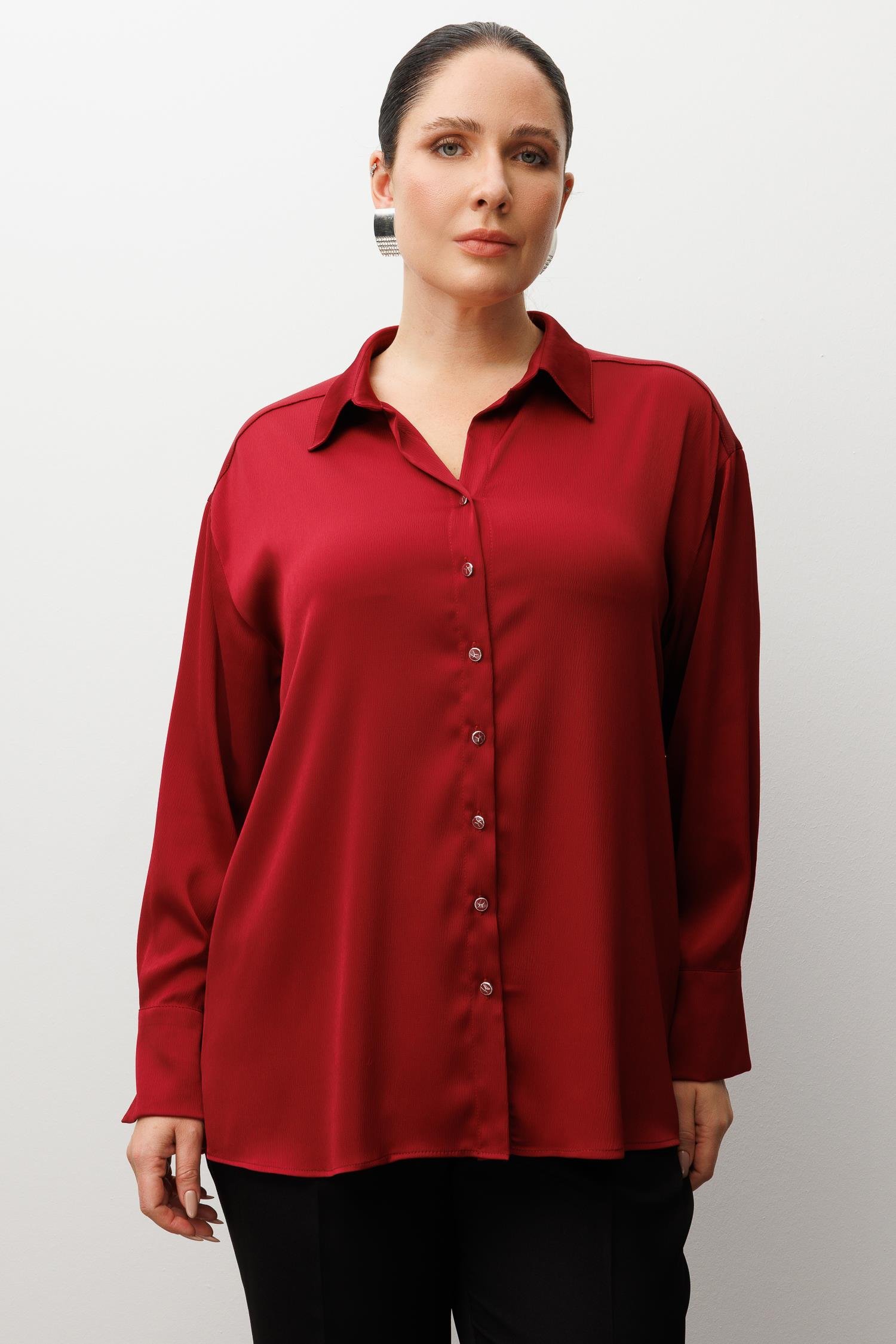 Modailgi  Salaş Kalıp Saten Gömlek Bordo