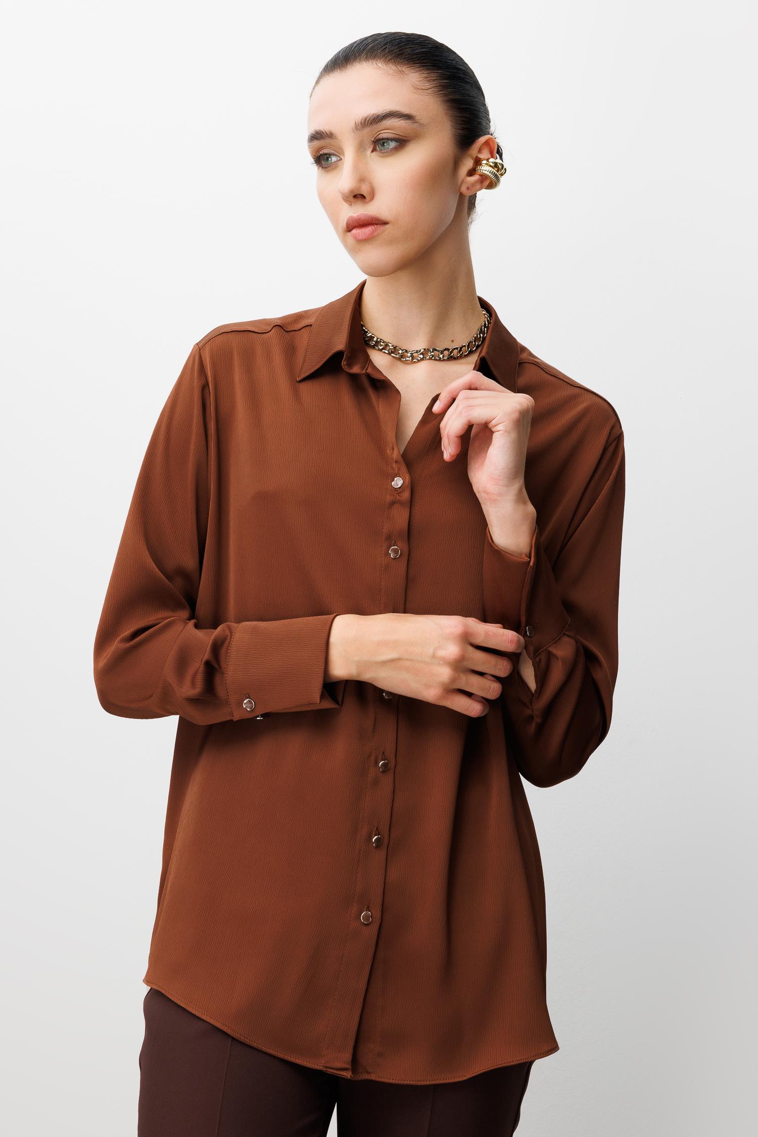 Modailgi  Salaş Kalıp Saten Gömlek Kahve