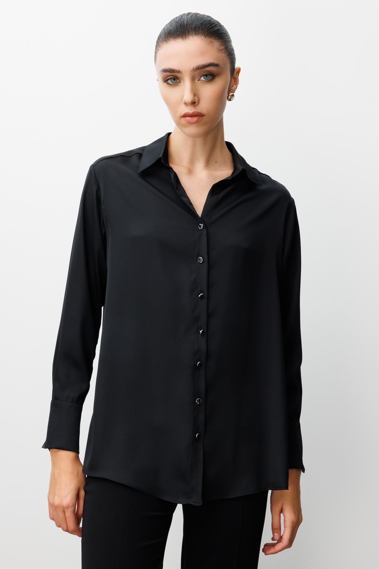 Modailgi  Salaş Kalıp Saten Gömlek Siyah
