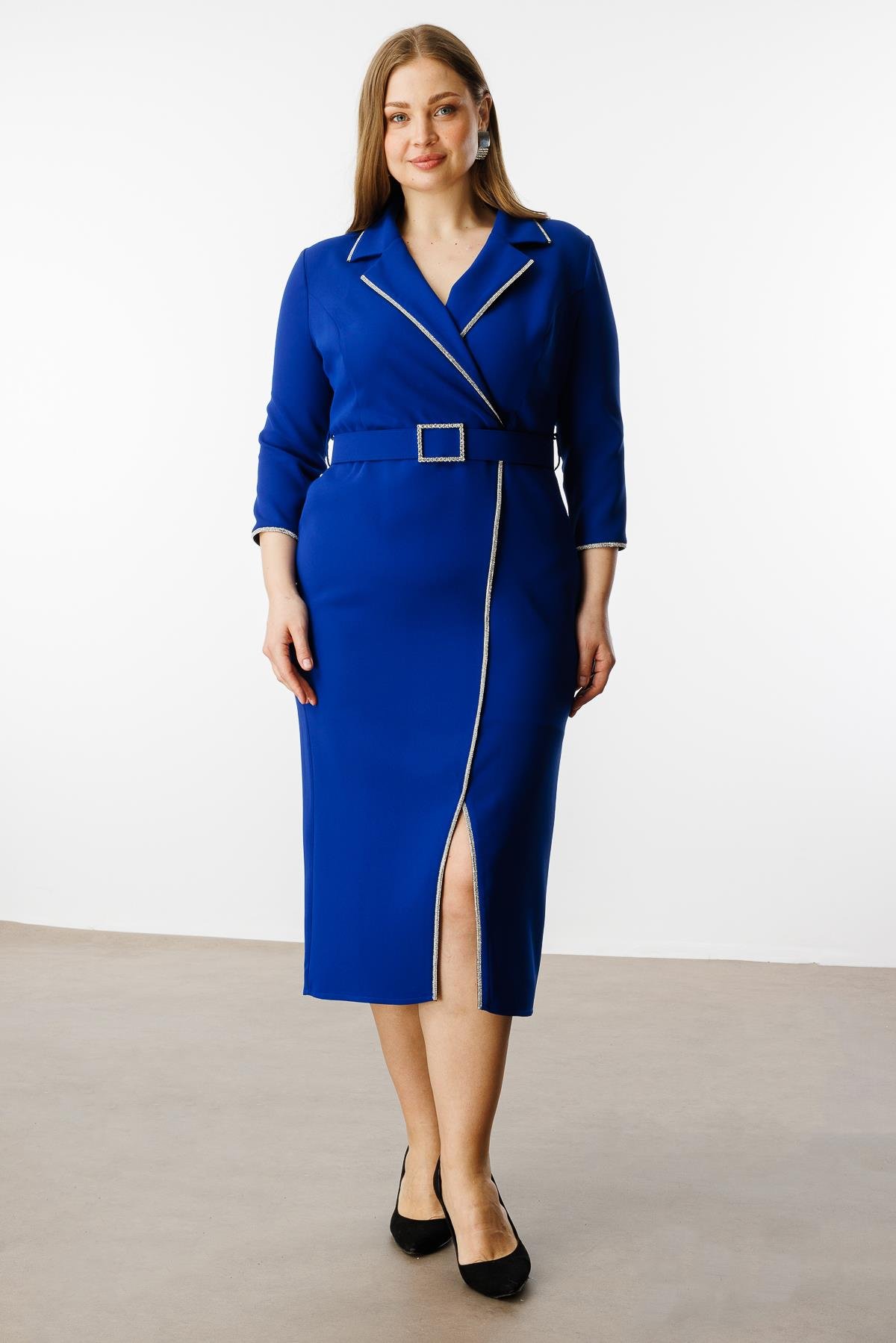 Modailgi  Şerit Taş Detaylı Kruvaze Elbise Saks