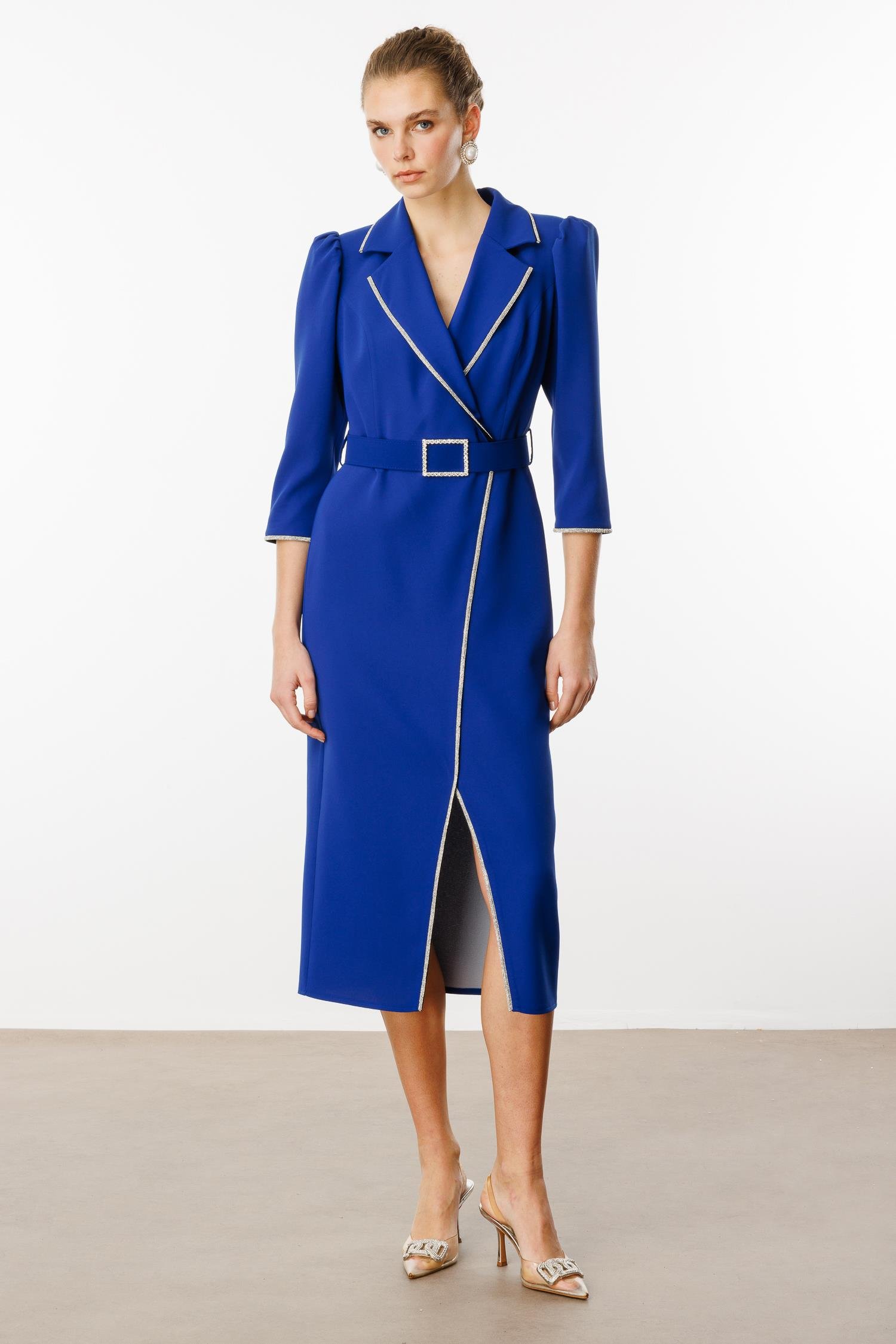 Modailgi  Şerit Taş Detaylı Kruvaze Elbise Saks