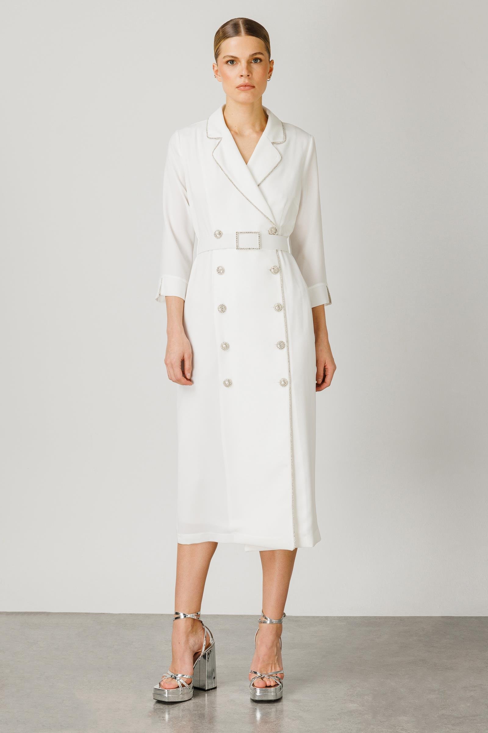 Modailgi  Şerit Taş Detaylı Kruvaze Elbise Ekru