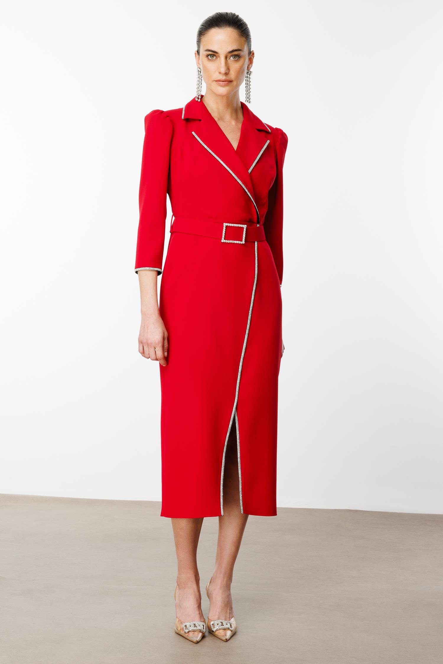 Modailgi  Şerit Taş Detaylı Kruvaze Elbise Kırmızı