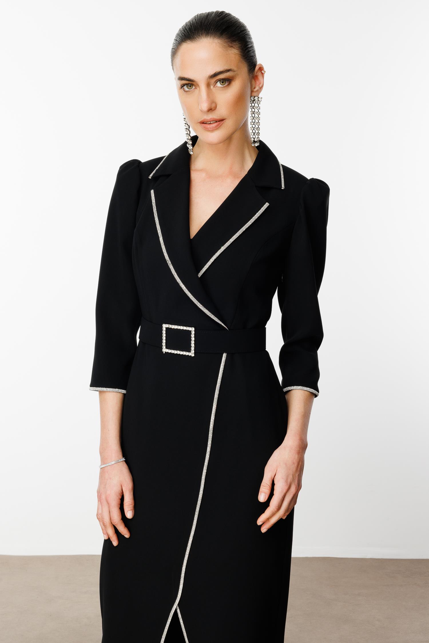 Modailgi  Şerit Taş Detaylı Kruvaze Elbise Siyah