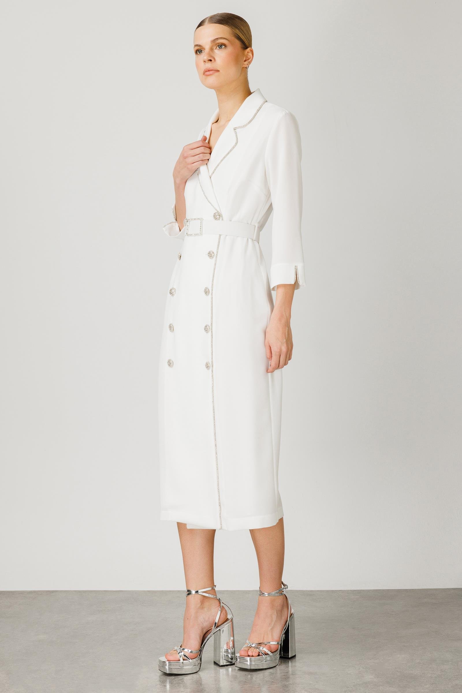 Modailgi  Şerit Taş Detaylı Kruvaze Elbise Ekru