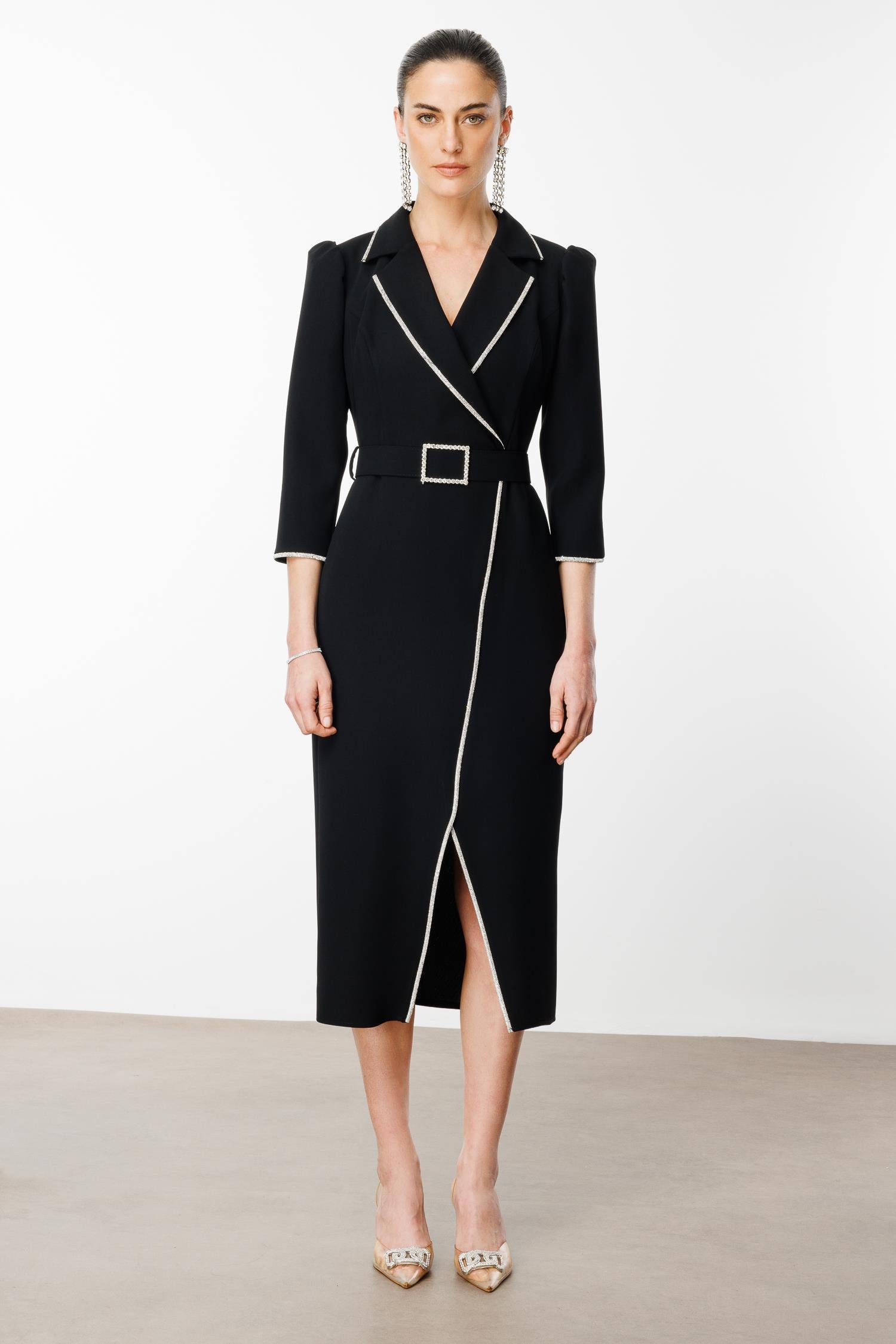 Modailgi  Şerit Taş Detaylı Kruvaze Elbise Siyah