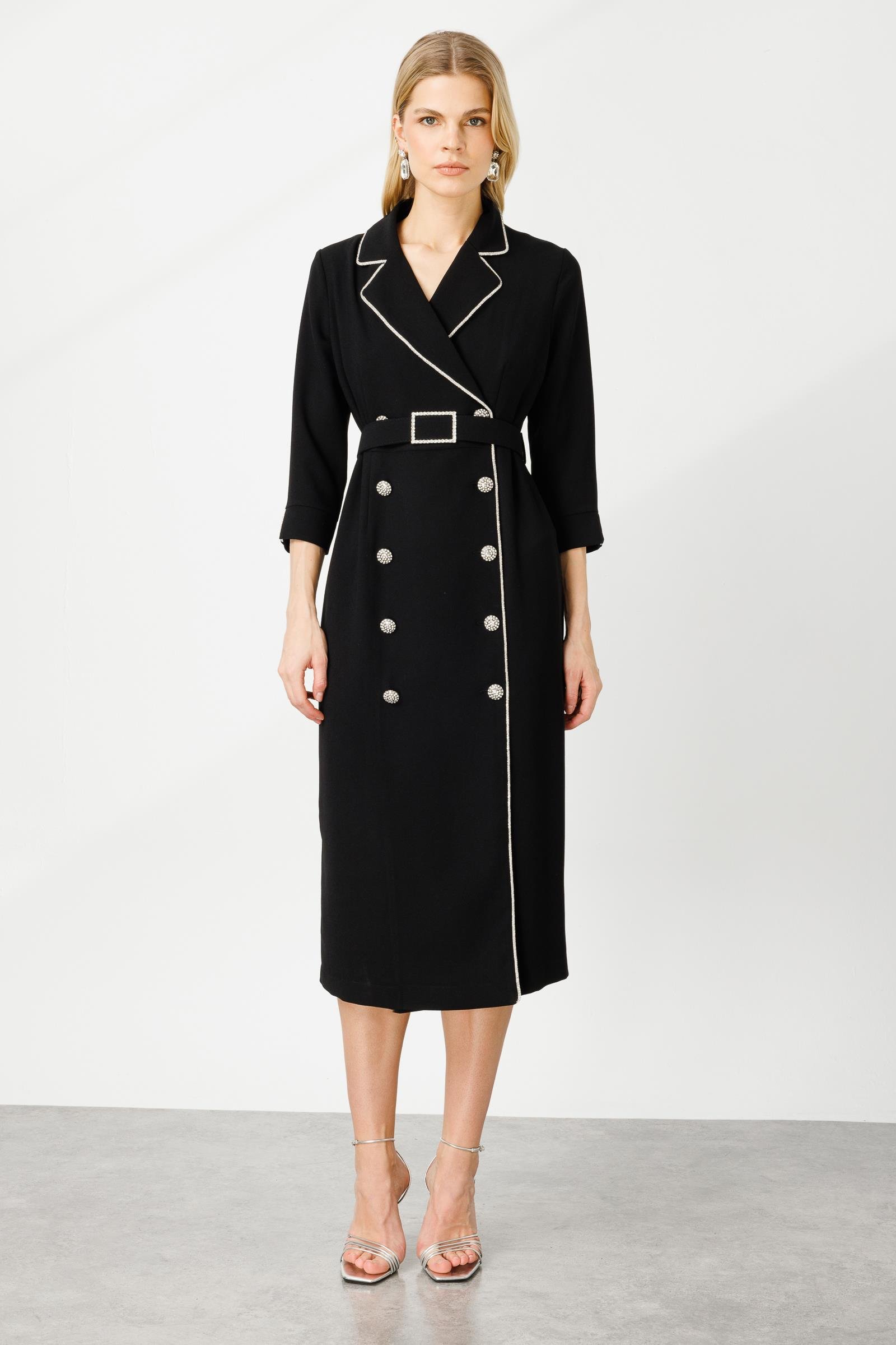 Modailgi  Şerit Taş Detaylı Kruvaze Elbise Siyah