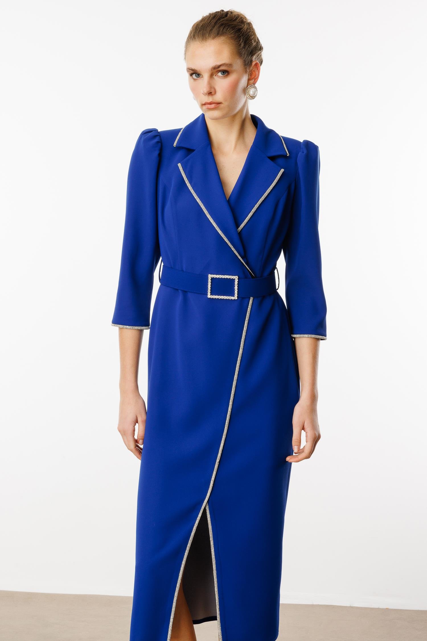 Modailgi  Şerit Taş Detaylı Kruvaze Elbise Saks