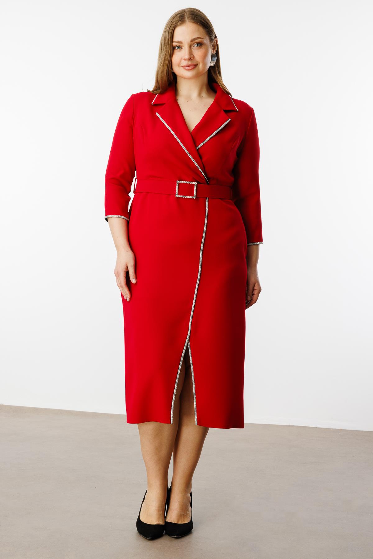 Modailgi  Şerit Taş Detaylı Kruvaze Elbise Kırmızı