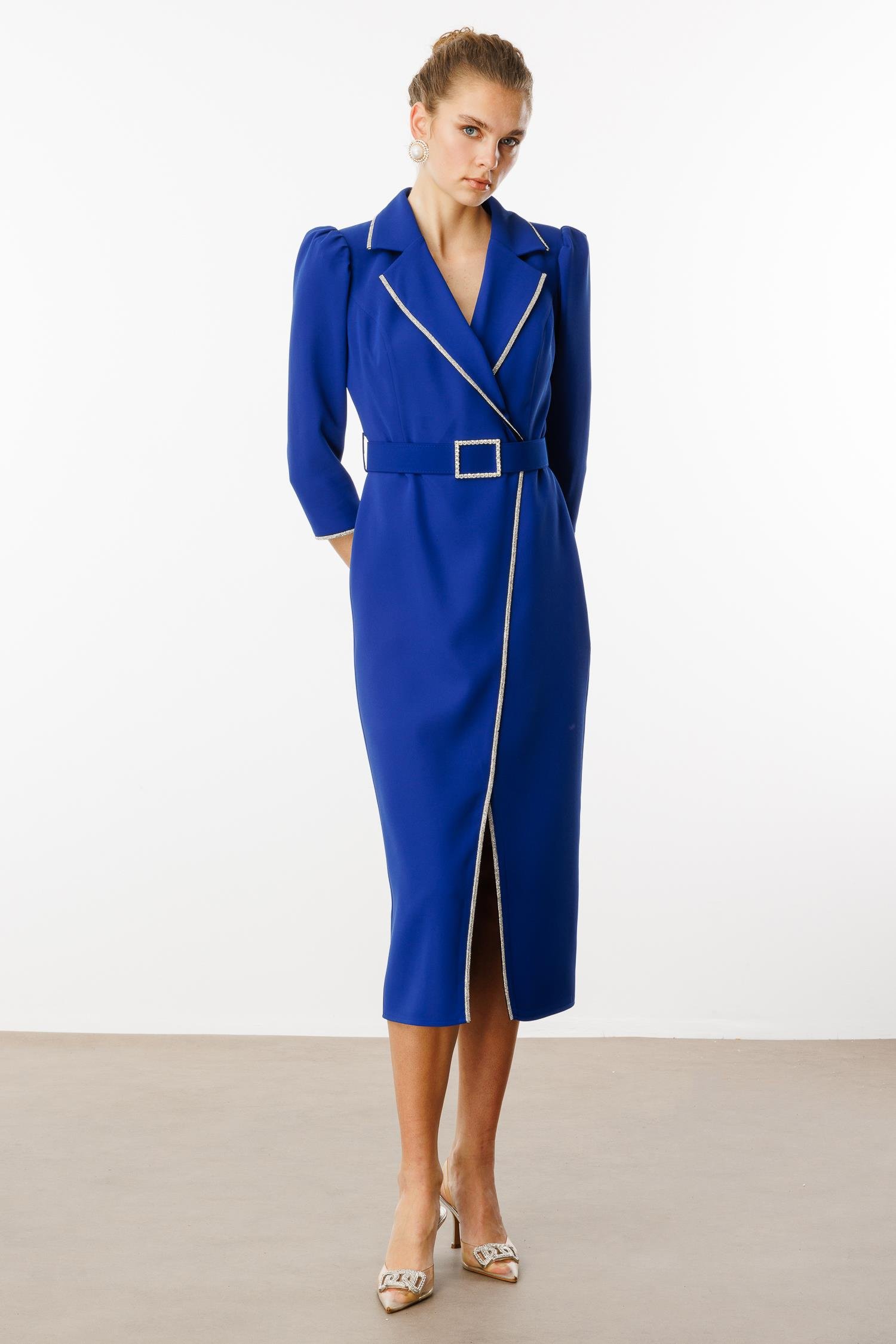 Modailgi  Şerit Taş Detaylı Kruvaze Elbise Saks