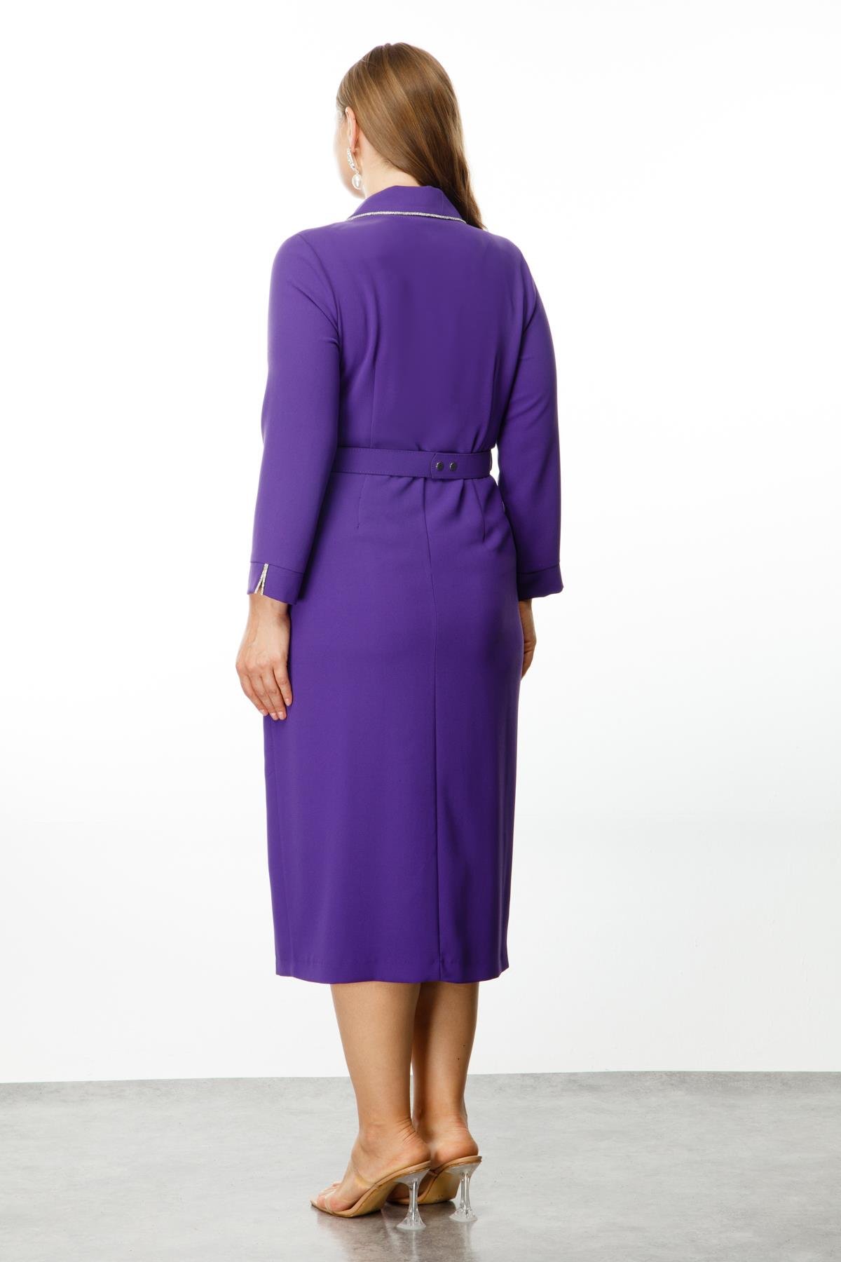 Modailgi  Şerit Taş Detaylı Kruvaze Elbise Mor
