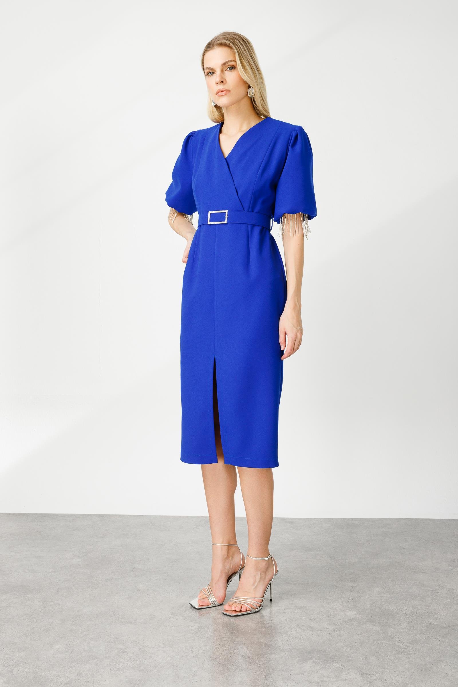 Modailgi  Şerit Taşlı Balon Kol Elbise Saks