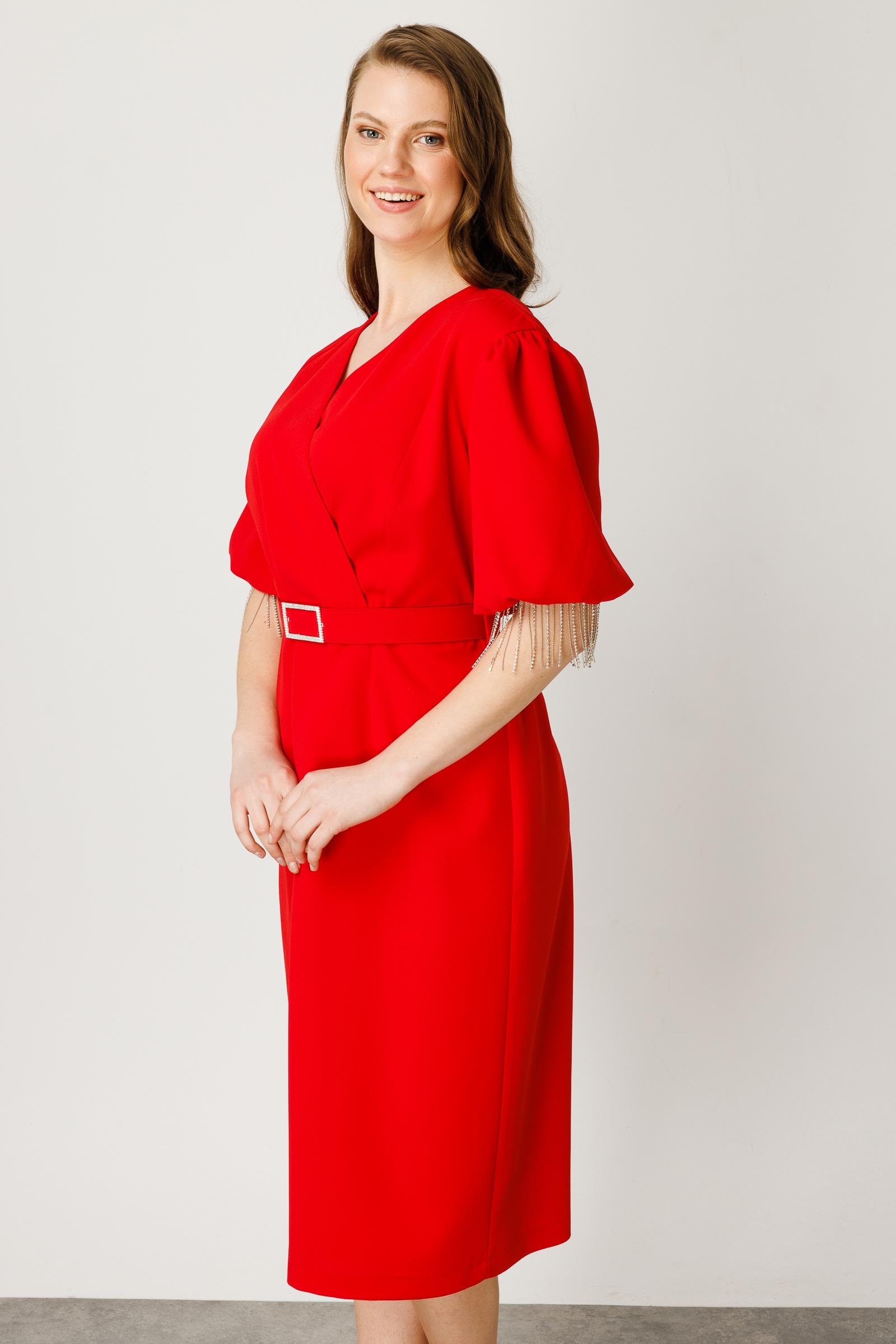 Modailgi  Şerit Taşlı Balon Kol Elbise Kırmızı