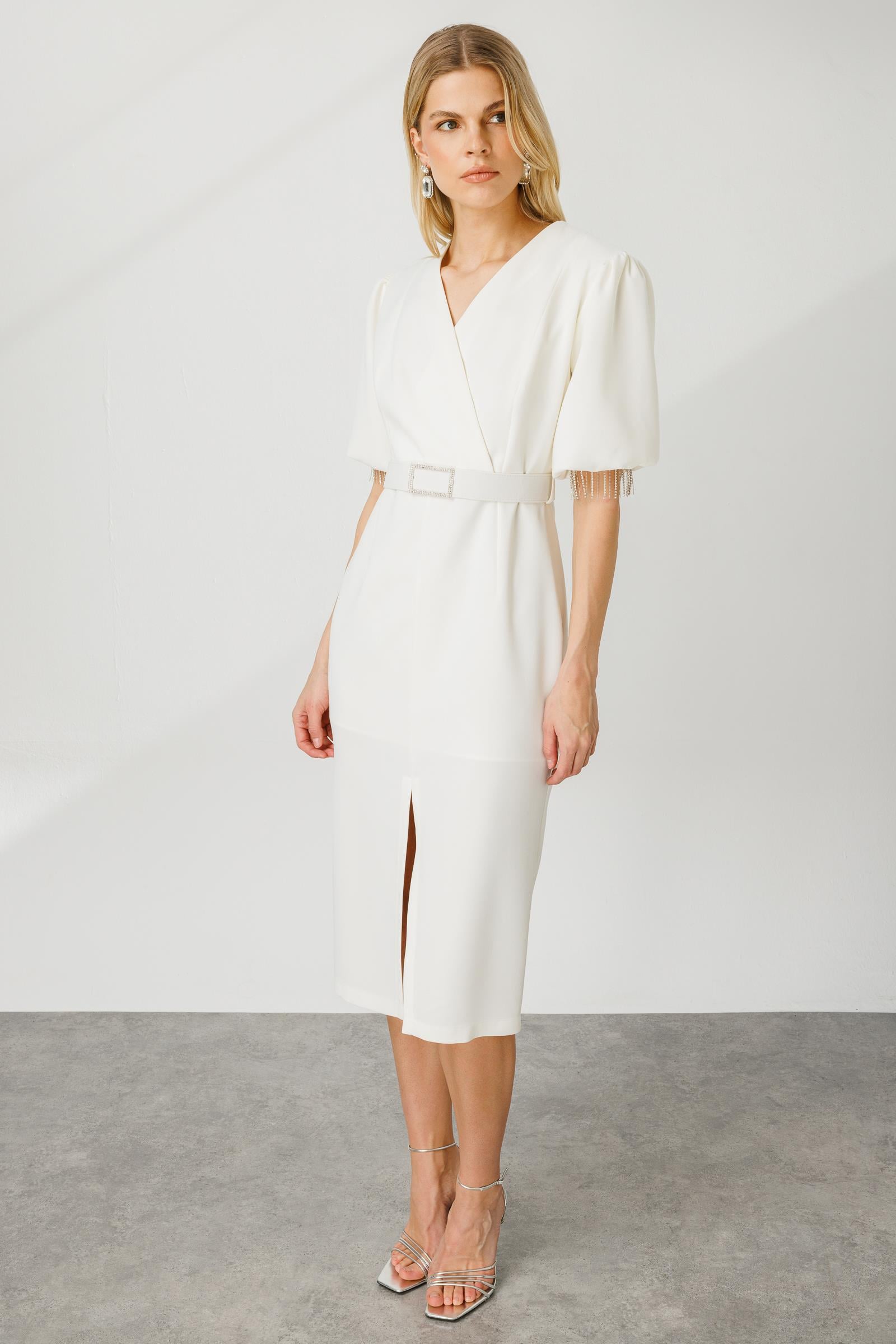 Modailgi  Şerit Taşlı Balon Kol Elbise Ekru