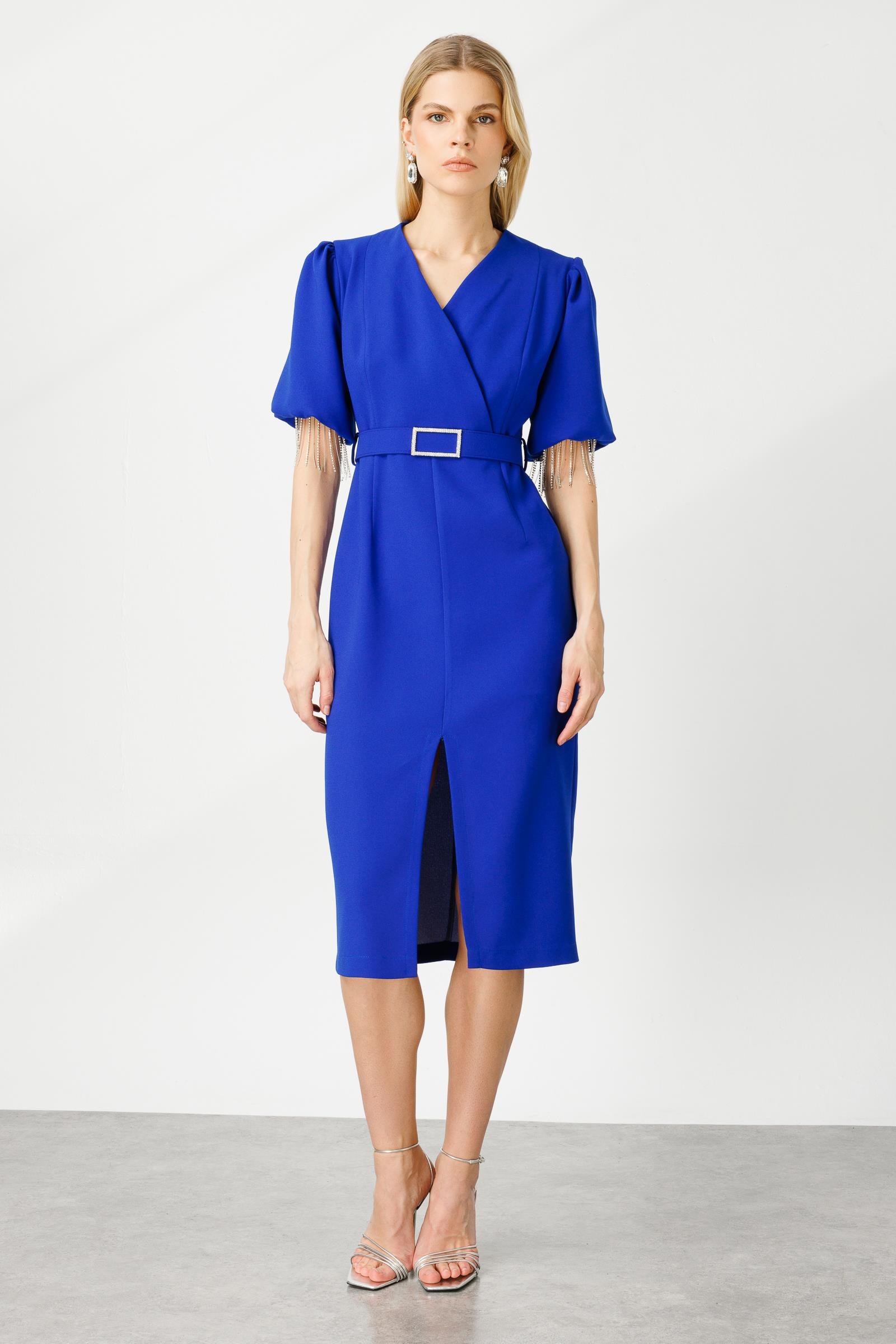 Modailgi  Şerit Taşlı Balon Kol Elbise Saks