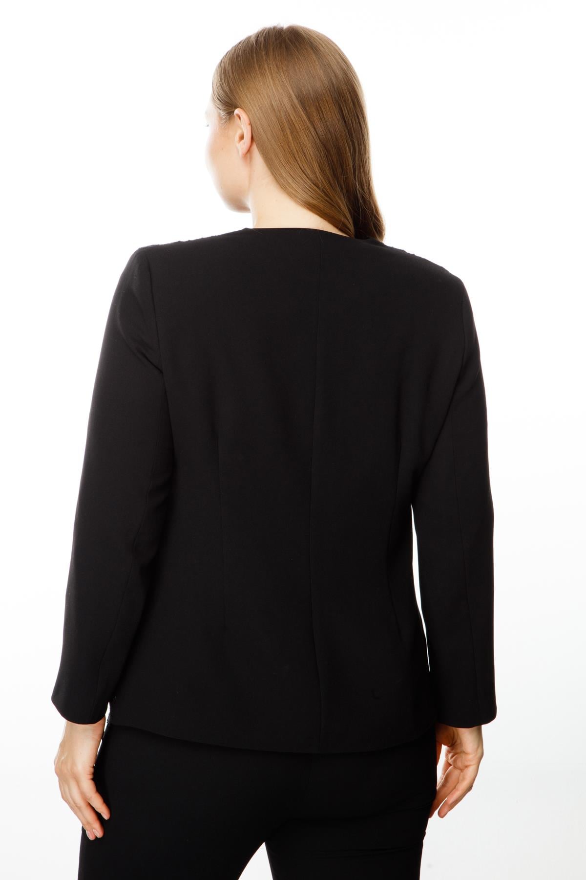 Modailgi  Sıfır Yaka Dantelli Ön Patı Taşlı Kısa Ceket Siyah