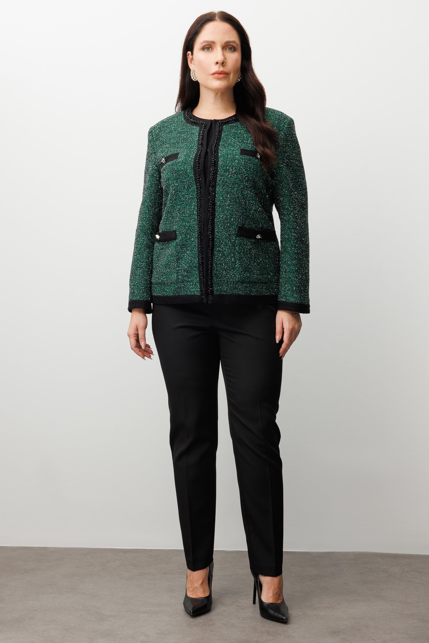 Modailgi  Sıfır Yaka İnci Akseuar Detaylı Twit Ceket SİYAH-YEŞİL