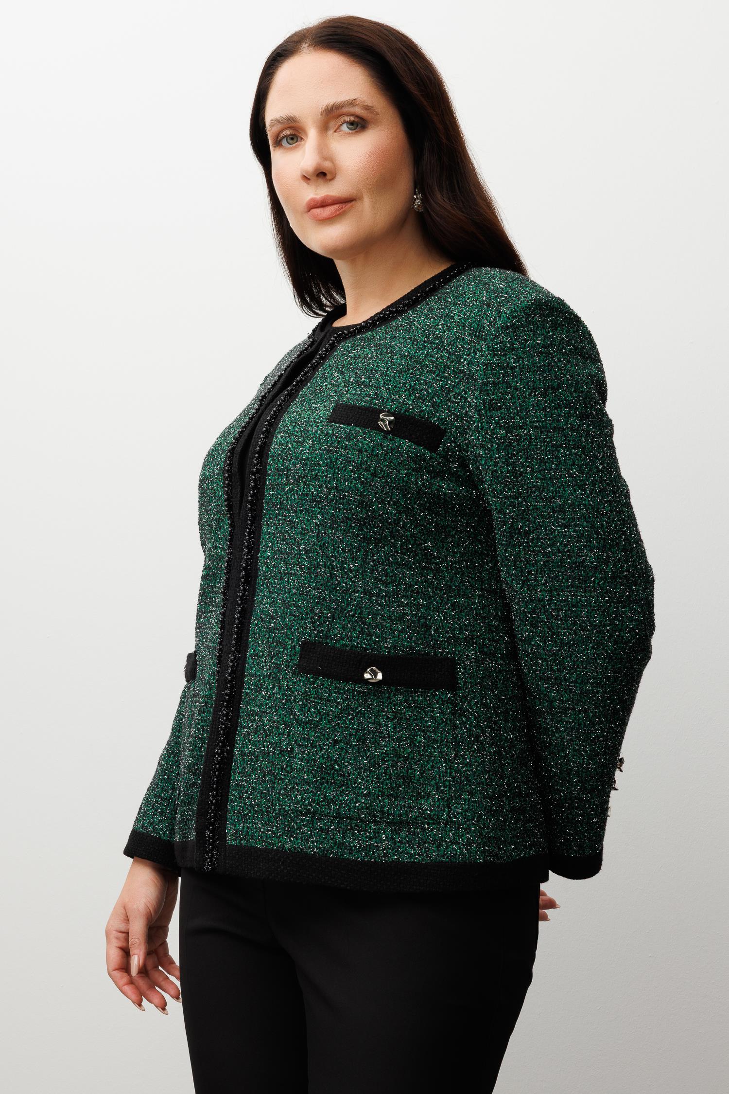 Modailgi  Sıfır Yaka İnci Akseuar Detaylı Twit Ceket SİYAH-YEŞİL