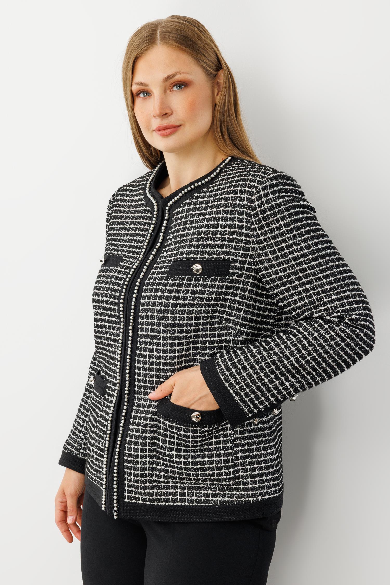 Modailgi  Sıfır Yaka İnci Akseuar Detaylı Twit Ceket SİYAH-BEYAZ