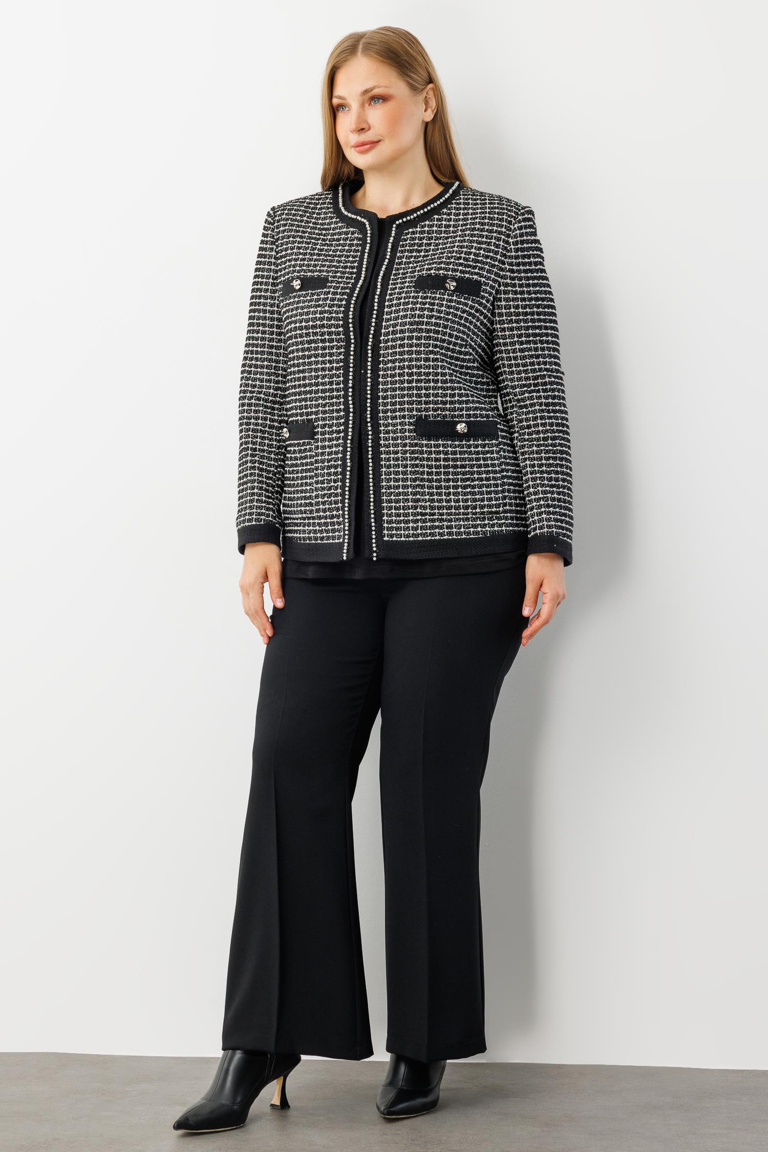 Modailgi  Sıfır Yaka İnci Akseuar Detaylı Twit Ceket SİYAH-BEYAZ