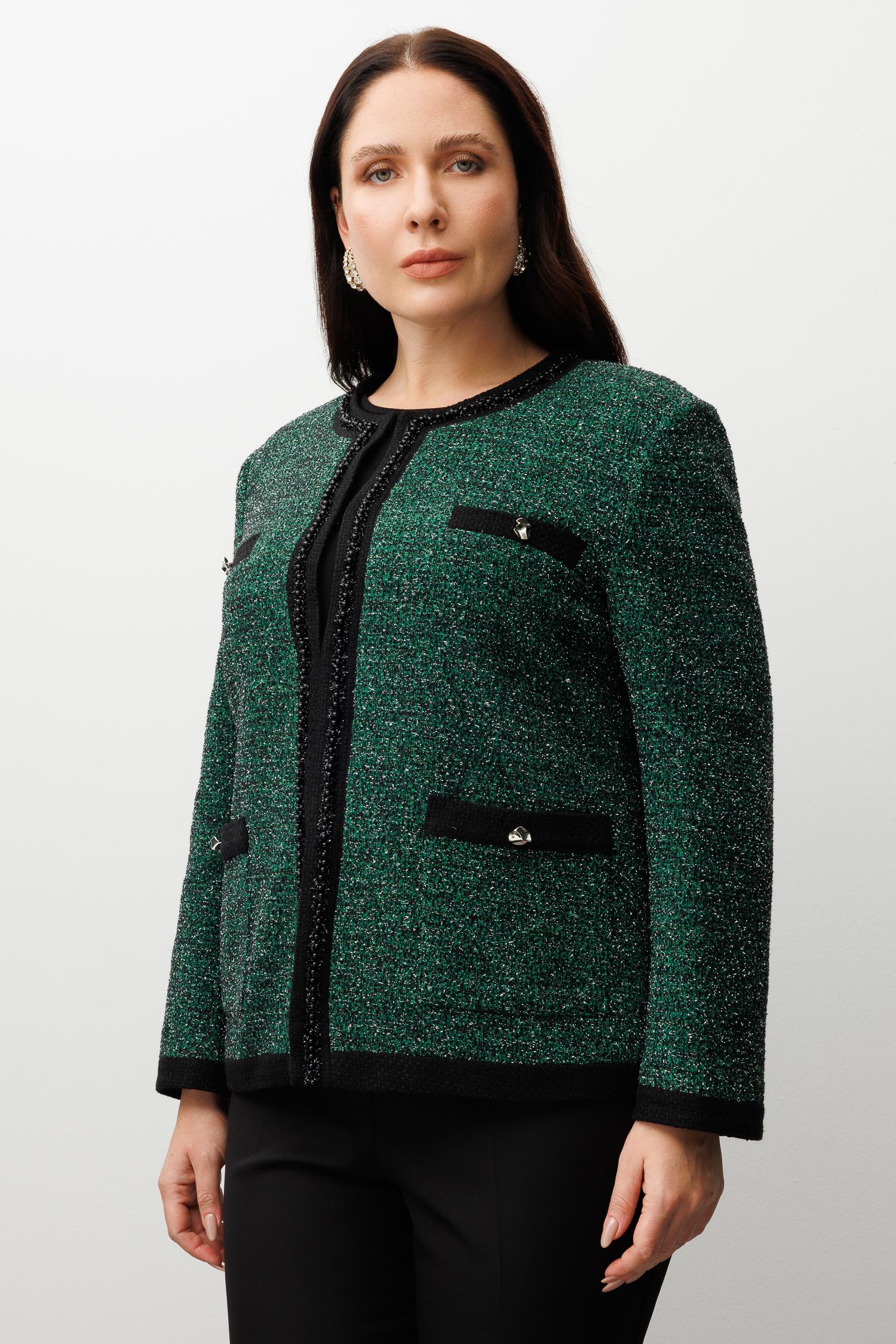 Modailgi  Sıfır Yaka İnci Akseuar Detaylı Twit Ceket SİYAH-YEŞİL