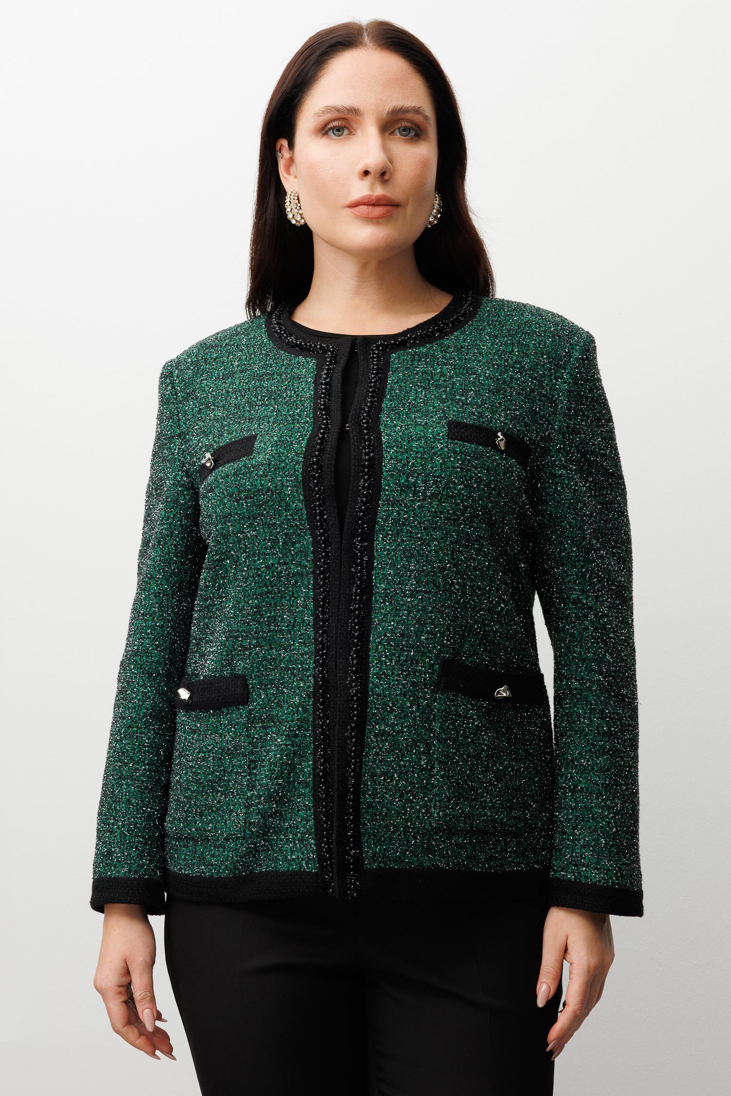 Modailgi  Sıfır Yaka İnci Akseuar Detaylı Twit Ceket SİYAH-YEŞİL